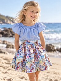 model wearing Australian Native Animals Floral Skirt – Sizes 4 & 5