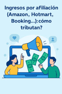 Ilustración de marketing de afiliación representando ingresos por Amazon, Hotmart o Booking en 2025