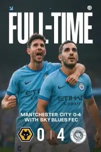 alt= Manchester City cartonne Wolverhampton. Sur cette image, les joueurs de City célébrant la victoire 4-0 contre Wolverhampton lors de la 1ʳᵉ journée de Premier League