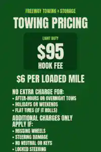 Freeway Towing & Storage Phoenix AZ towing prices showing $95 hook fee and $6 per loaded mile