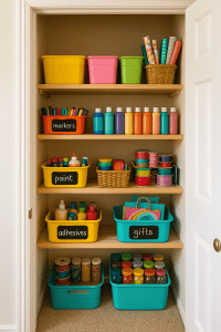 Colorful craft supplies organized in labeled bins on wooden shelves, featuring paints, markers, adhesives, and gift wrapping items. Perfect for art projects and creative activities.