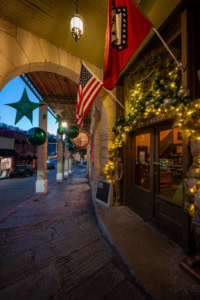 Festive holiday decorations outside Basin Park Hotel in Eureka Springs, Arkansas.