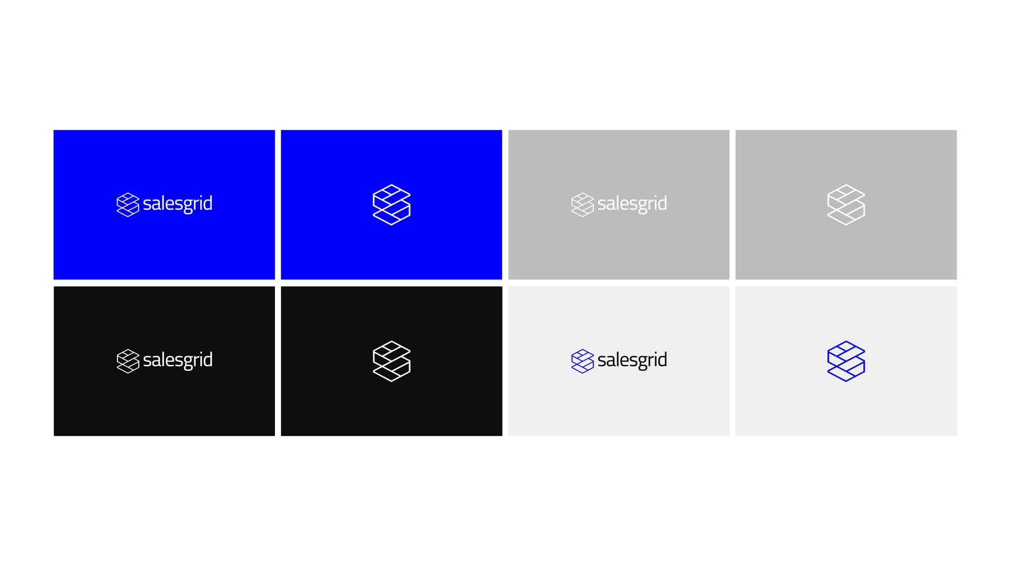 Variações de cor do logotipo da SalesGrid em fundos azul e cinza