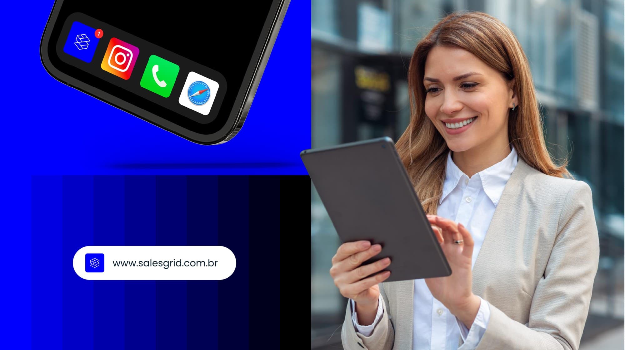 Aplicação da marca SalesGrid em tablet, com o endereço do site