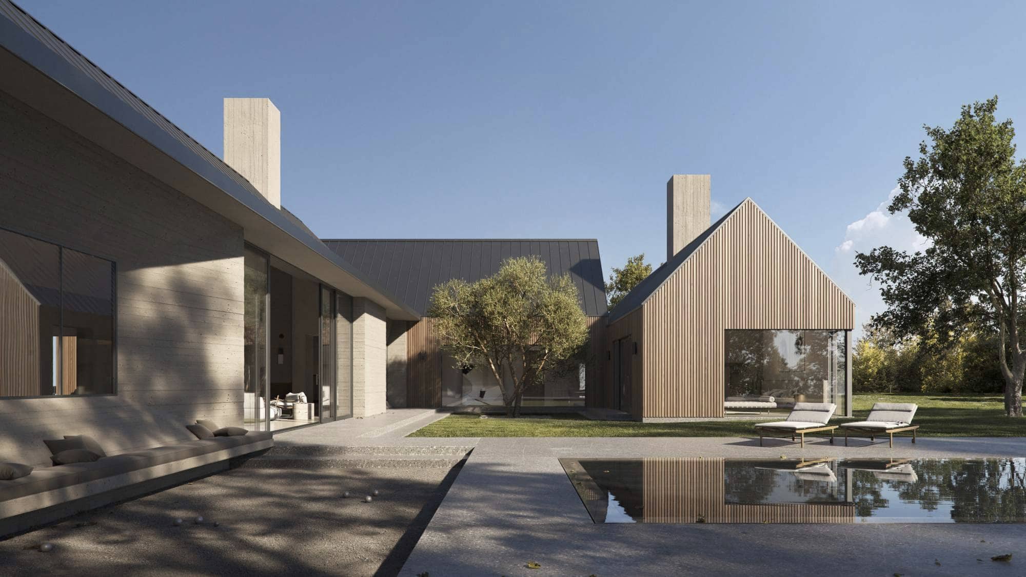 Modern residential house with wood and concrete exterior, outdoor seating, and reflecting pool.