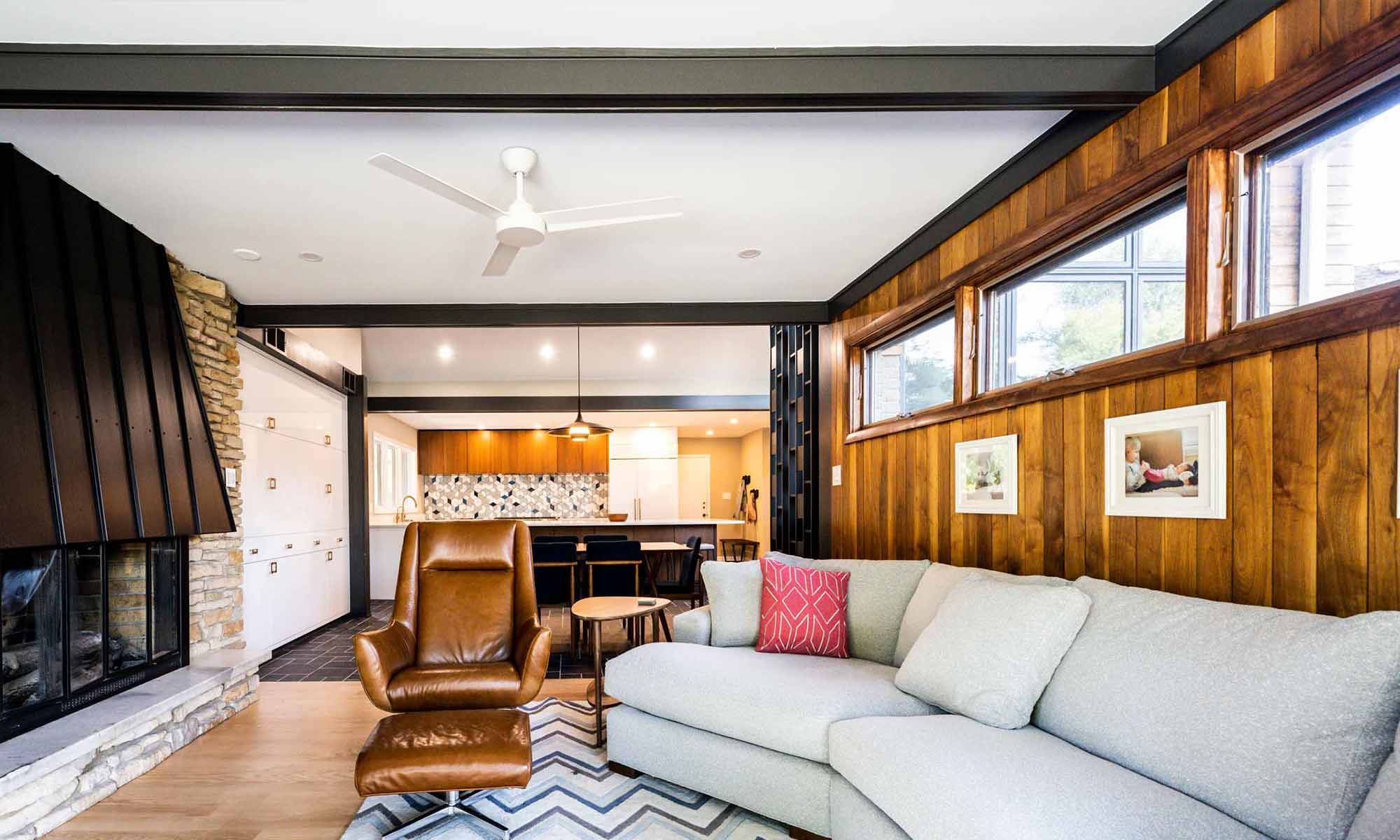 view of luxury mid century kitchen remodel from family room