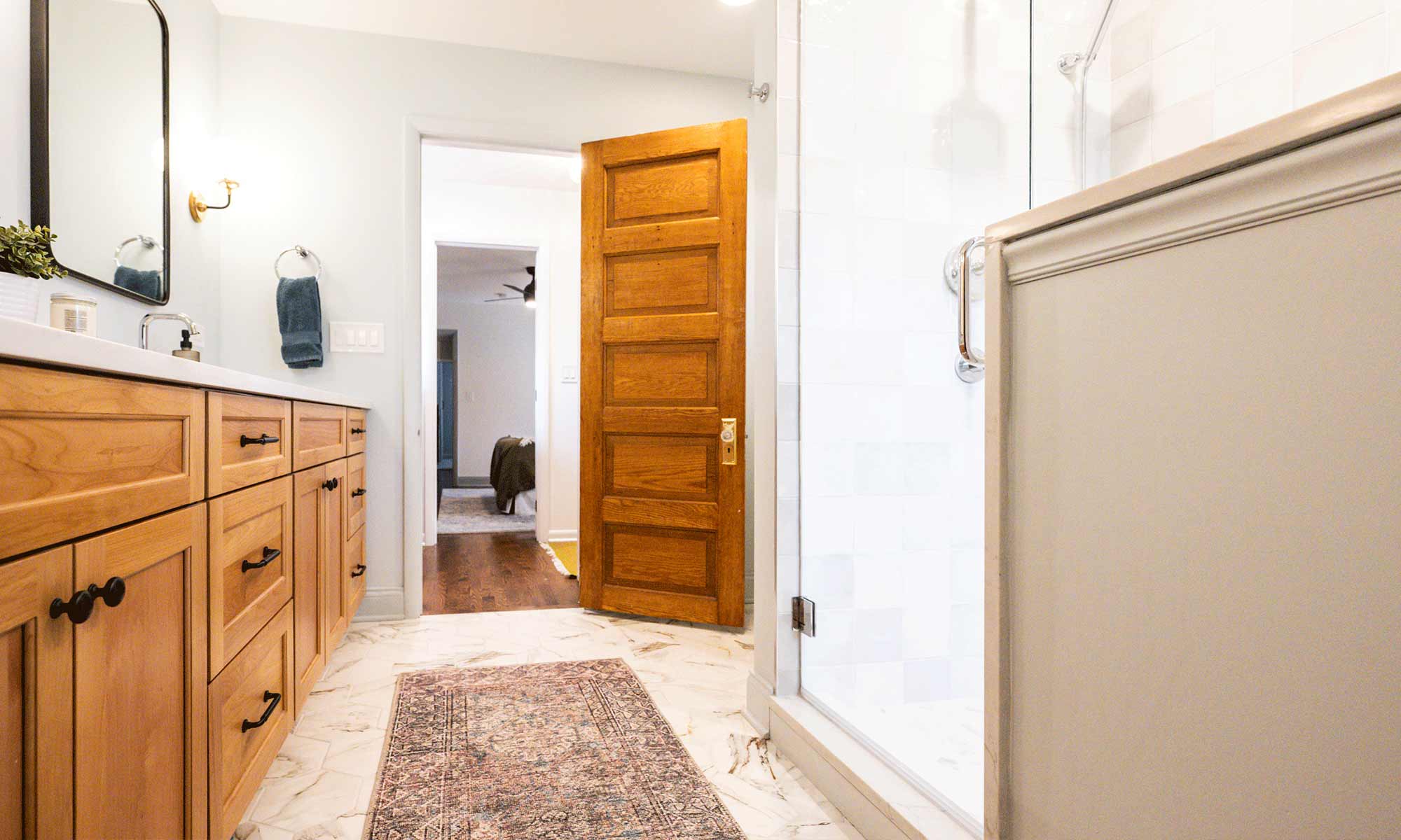 luxury bathroom remodel with vintage wood door in la grange park