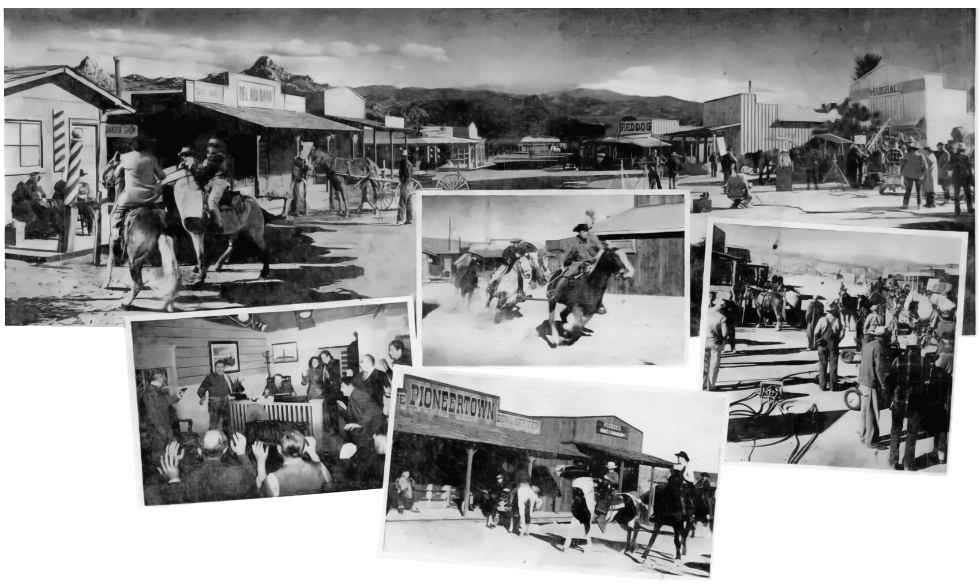MADE TO ORDER – The builders of Pioneertown were a group of idealistic filmies who wanted to live and work together. Result is this practical 40-acre "set" in San Bernardino Mountains. Cisco Kid company, first in action there, is shown at lower right of panorama of town an in pictures at sides. That's Leo Carrillo in front of painting at left of bank scene. Situation opens up new scenic vistas for camera. Boom began for this two-year-old community when location hunters "rediscovered" Pioneertown, got 25-year film franchise.