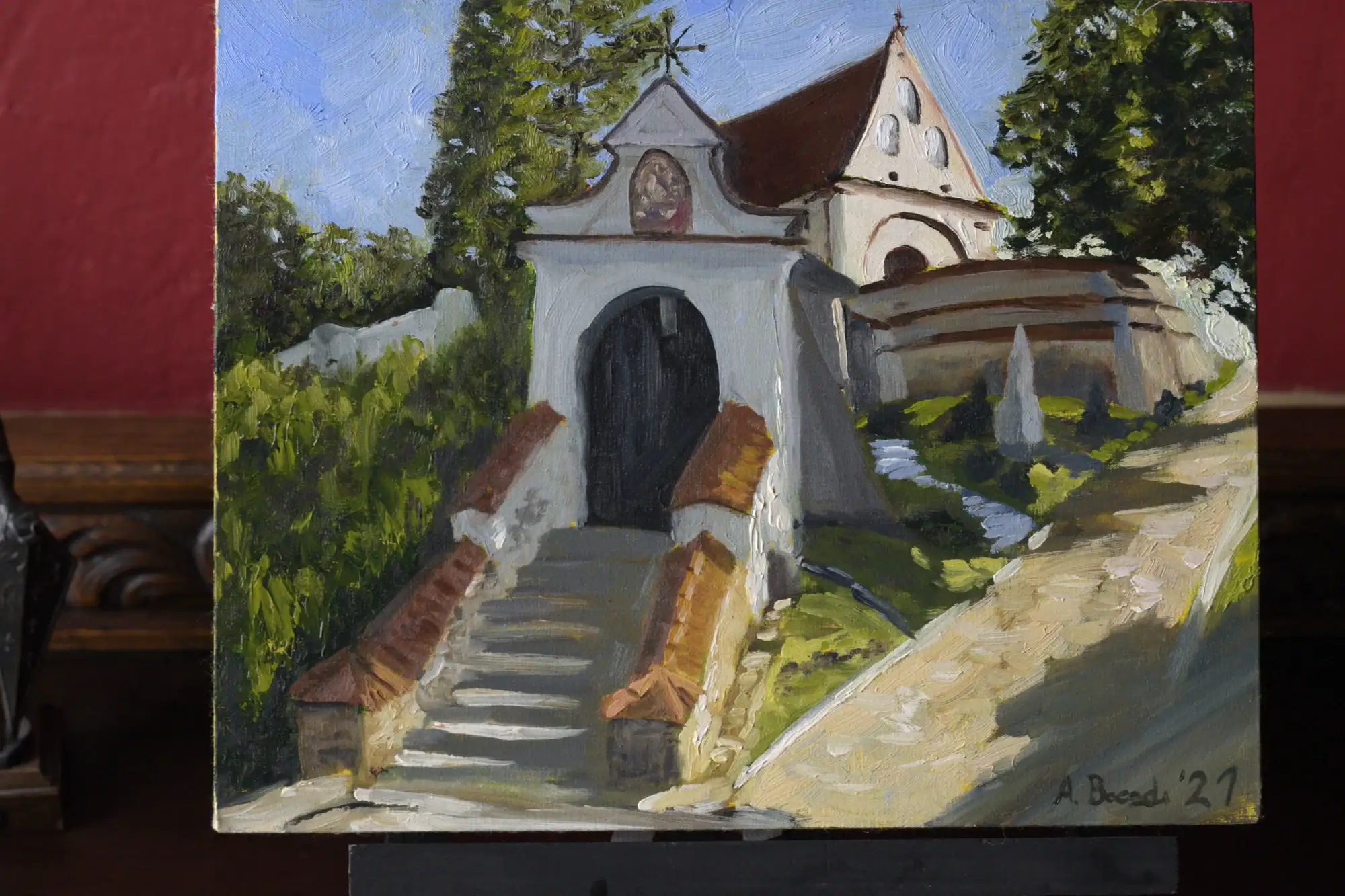 Kazimierz Dolny Franciscan Monastery oil painting displayed in Andrea Bocedi’s studio
