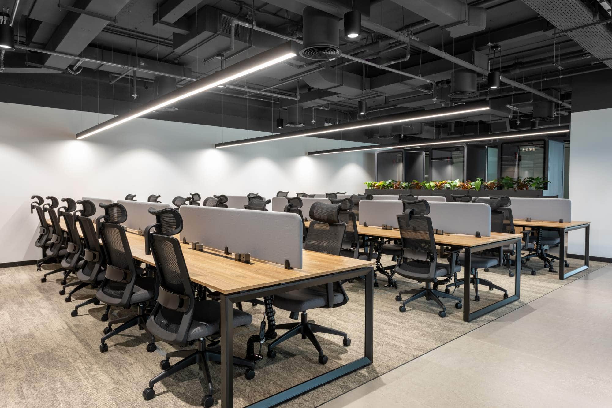 A wide view of the organized workstation layout at Sentinel Dubai co-working space, showcasing the industrial aesthetic and the abundance of natural-toned materials.
