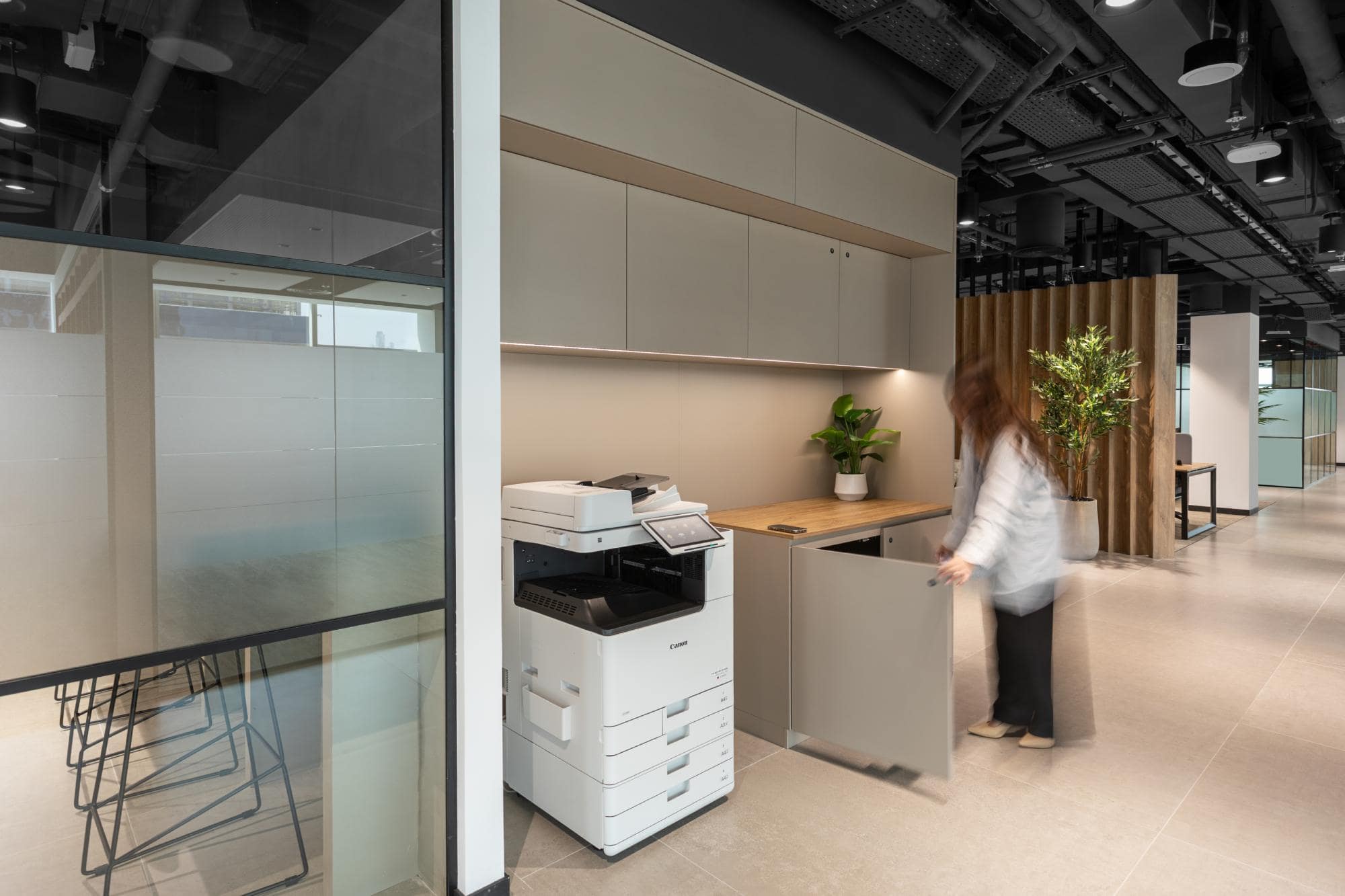 Efficient utility zone at Sentinel Dubai co-working space, offering high-speed printing services and organized storage solutions to support daily business operations.
