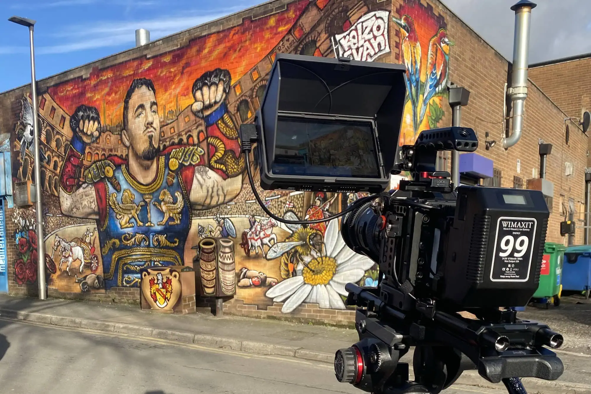 Aposs camera rig set up in front of the Tom Aspinall mural in Hindley, Wigan