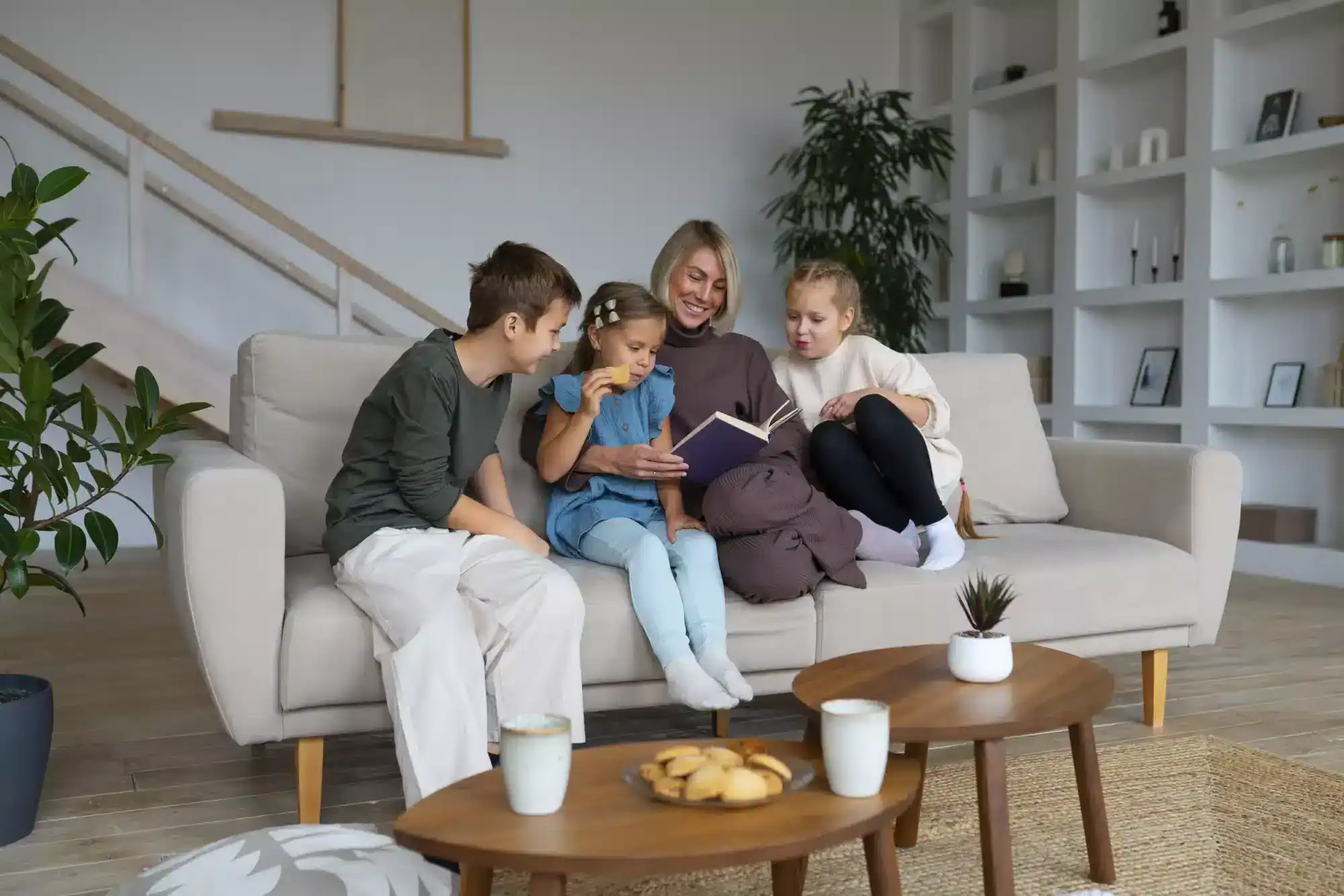 Famille dans son salon : les besoins en optique, orthodontie et pédiatrie déterminent le choix d'une complémentaire santé
