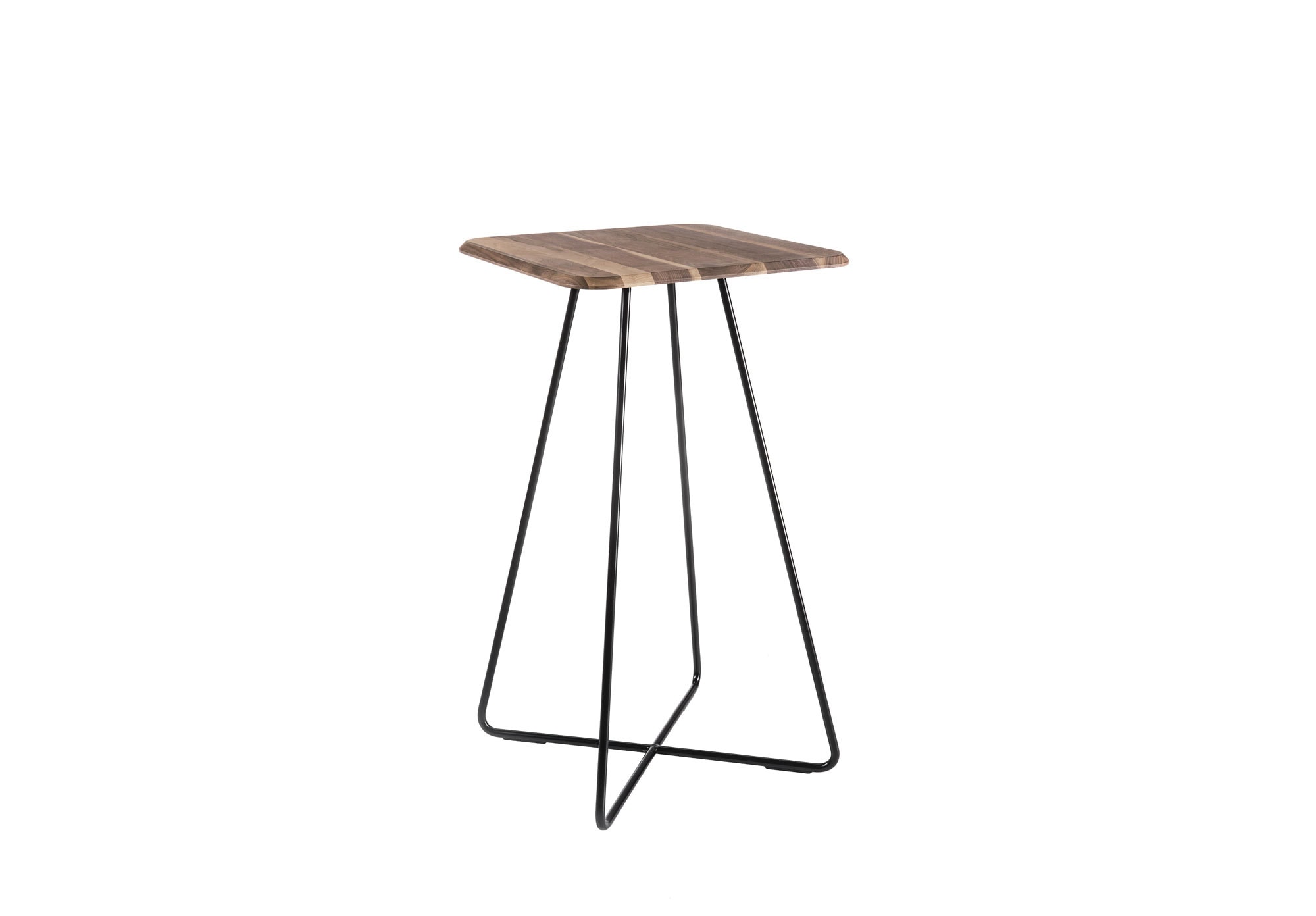 LEVANTE-BAR-TABLE Tavolino alto con il piano in metallo verniciato è coperto da un altro piano impiallacciato in legno noce canaletto. Scopri di più su Altek Italia Design.