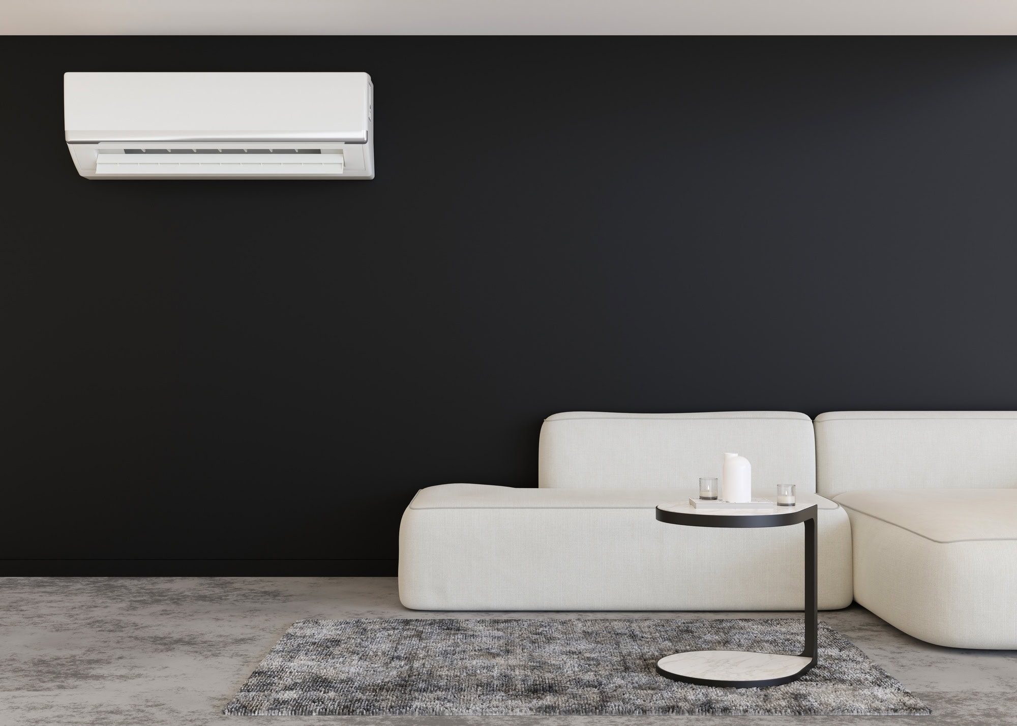 Modern air conditioner hanging on the wall in room. Cooling product for hot climate in summer.