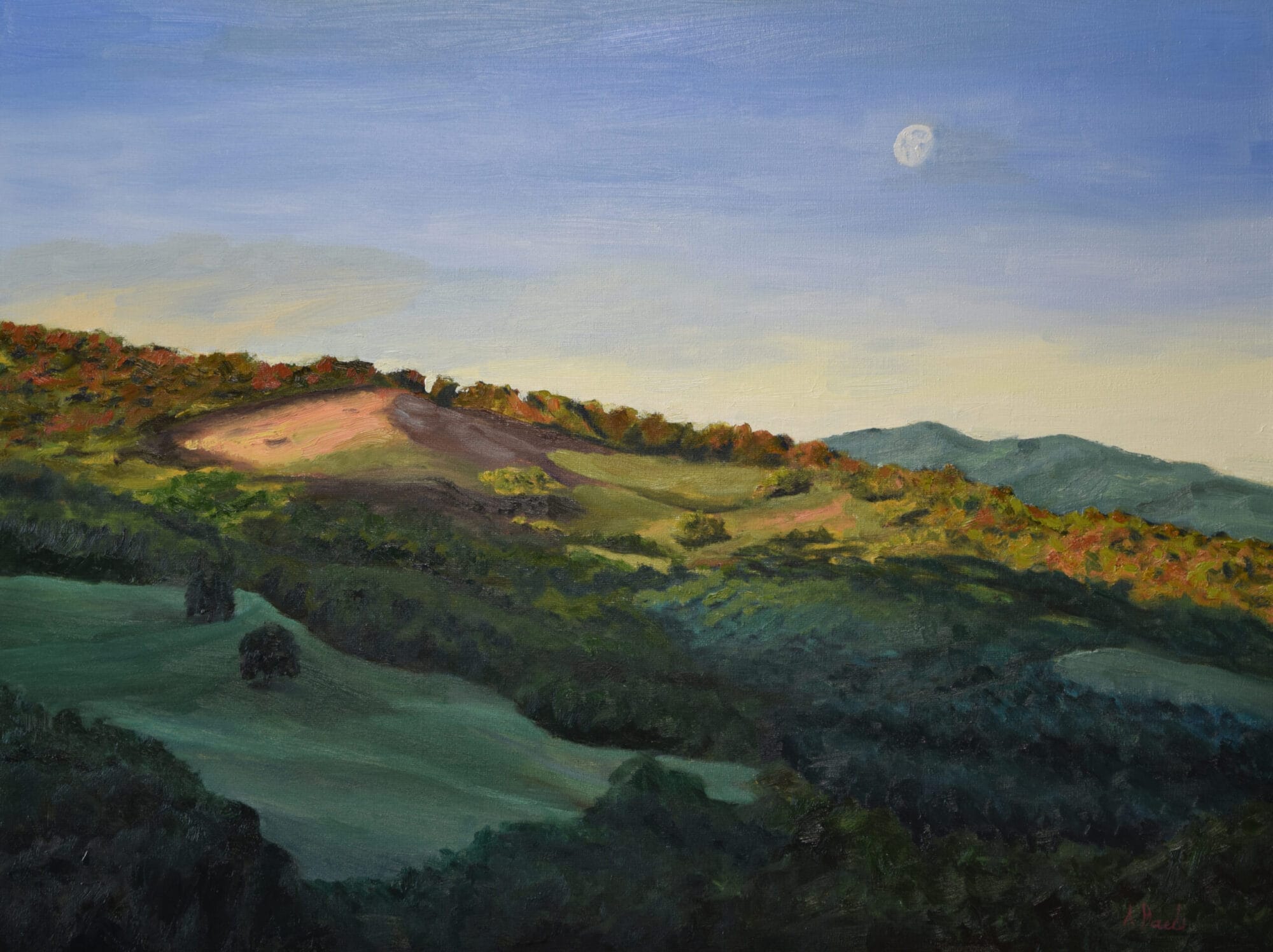 Under the Tuscan Moon original Tuscan hills oil painting by Andrea Bocedi near Montalcino and Abbazia Sant’Antimo