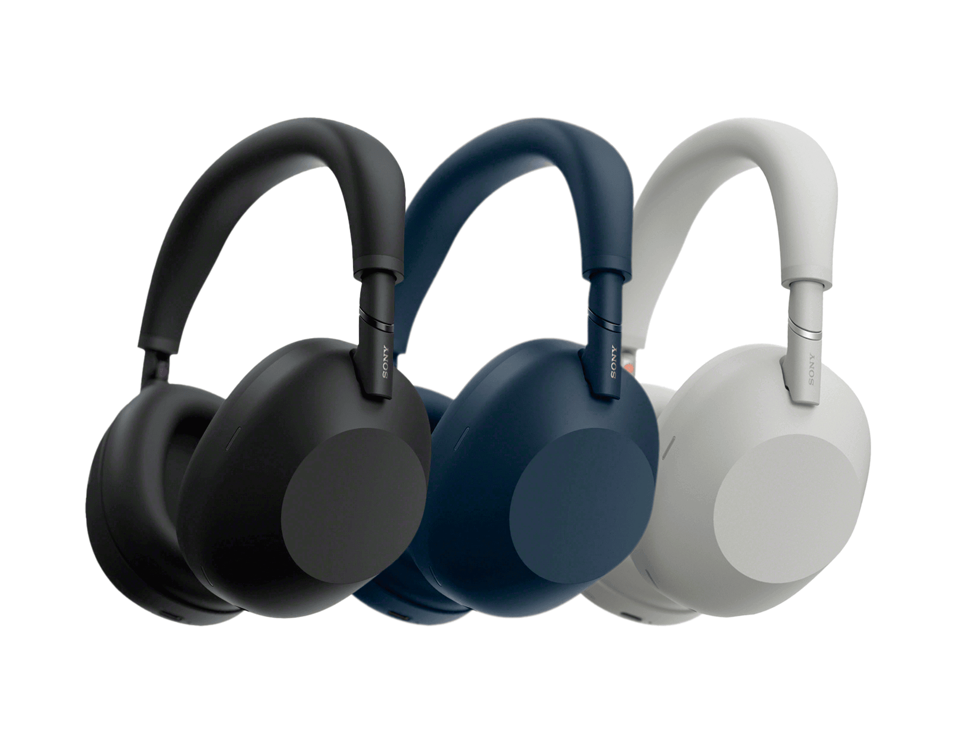 3 Sony WH-1000XM6 headphones pictured in 3 different colours. Black, Midnight Blue and White. On a all white background.