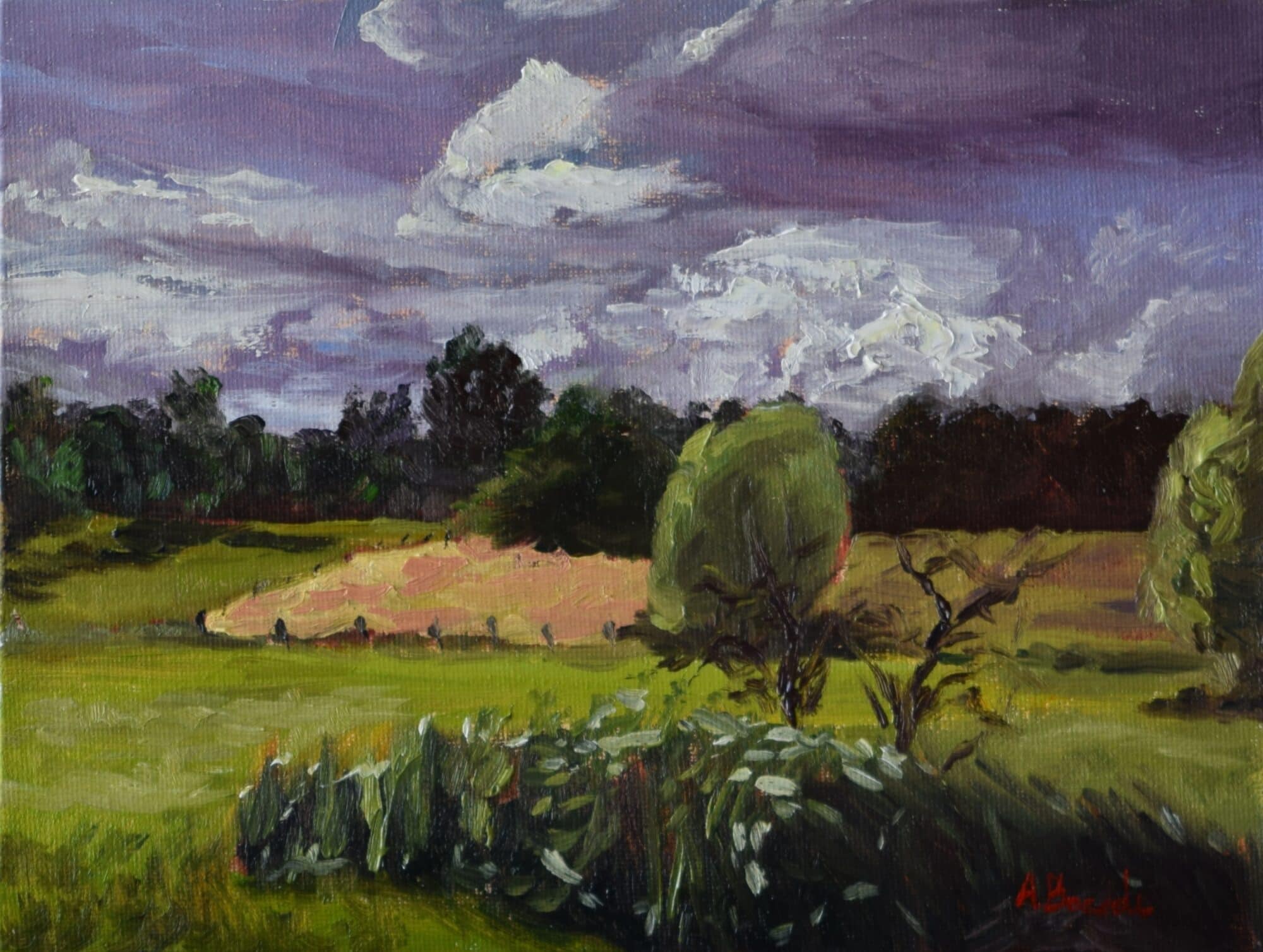 Oil painting by Andrea Bocedi of Storm clouds over a small village