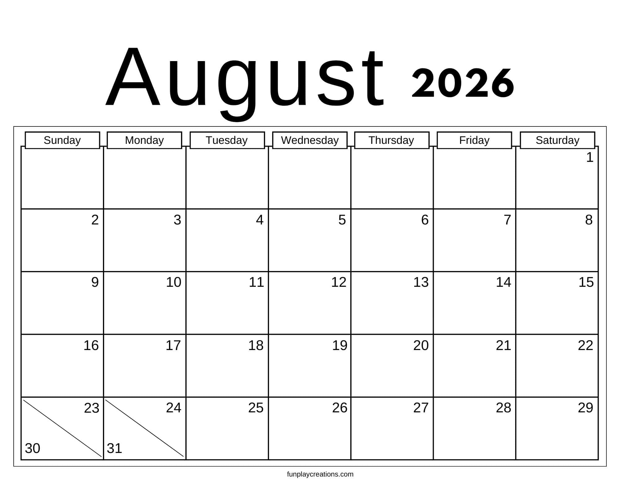 August 2026 calendar with no graphics