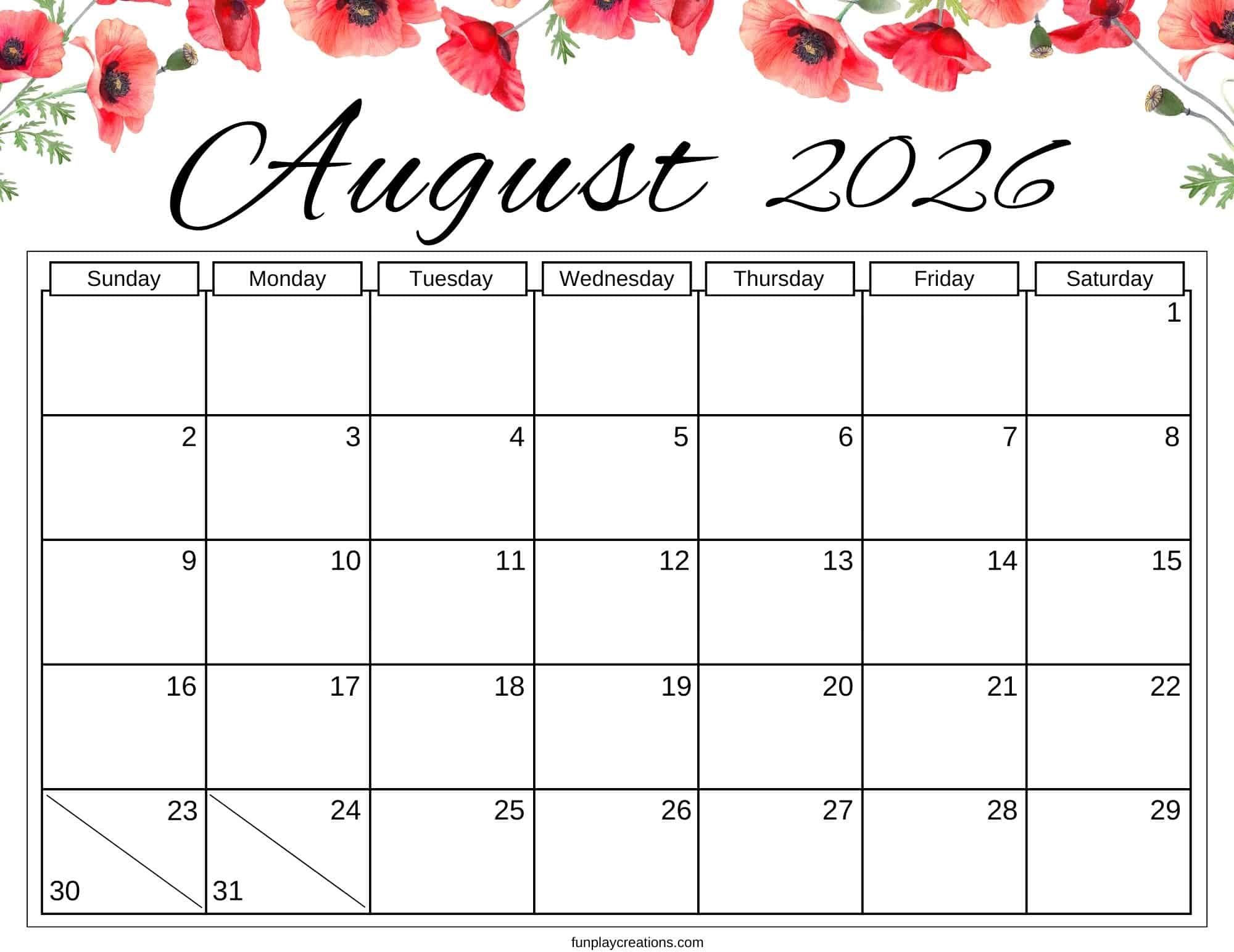 August 2026 calendar with red flowers