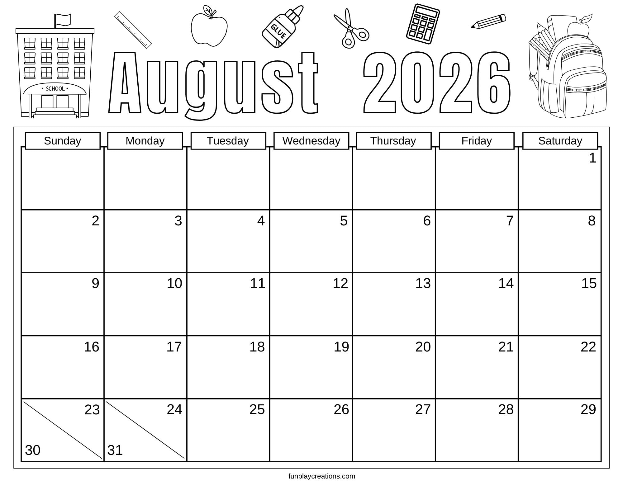 August 2026 calendar with back to school graphics
