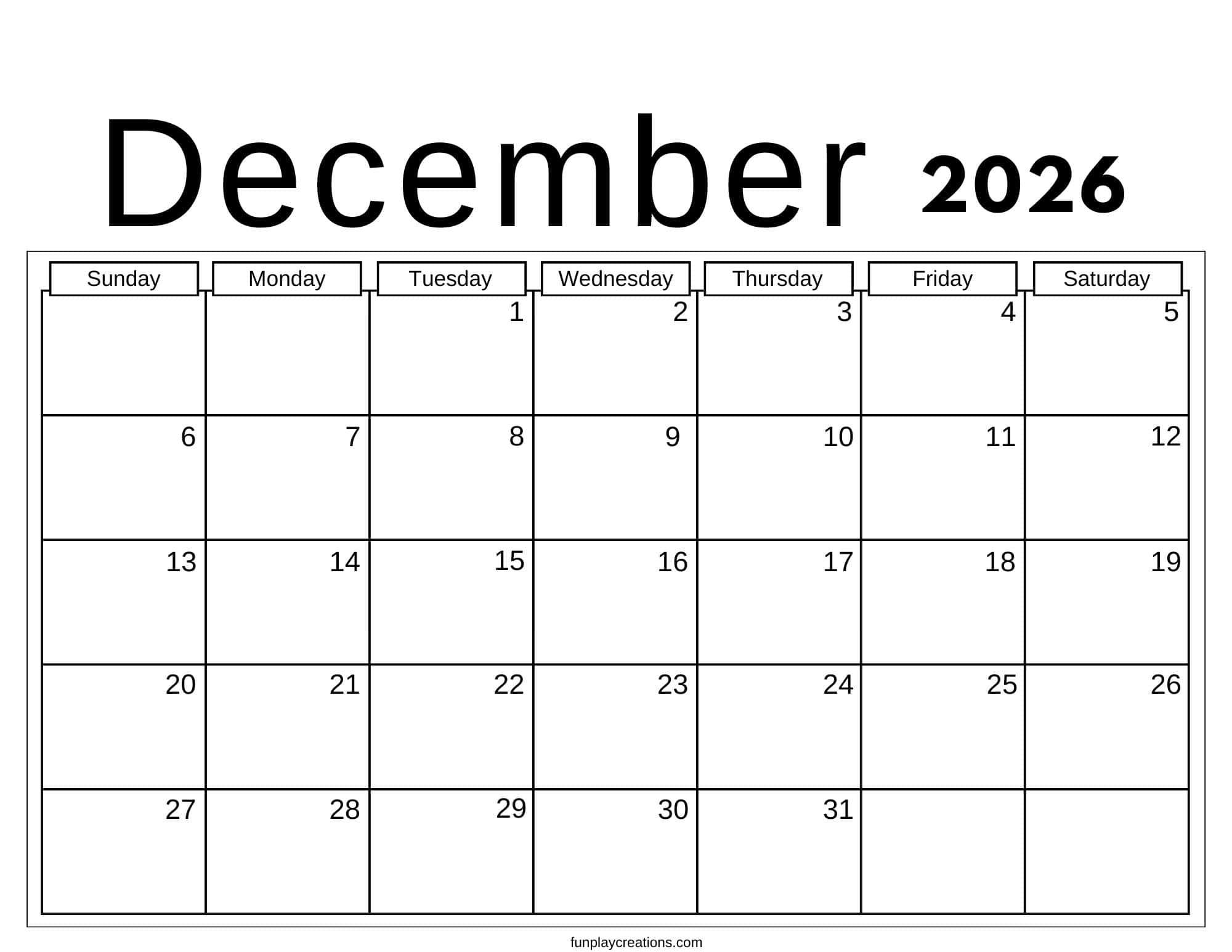 December 2026 calendar with no graphics