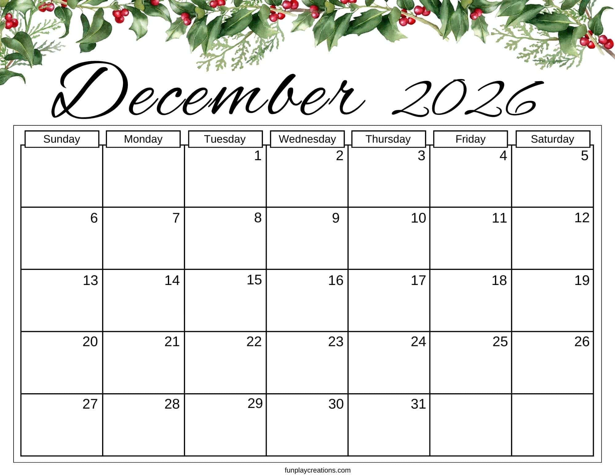 December 2026 calendar with floral graphics