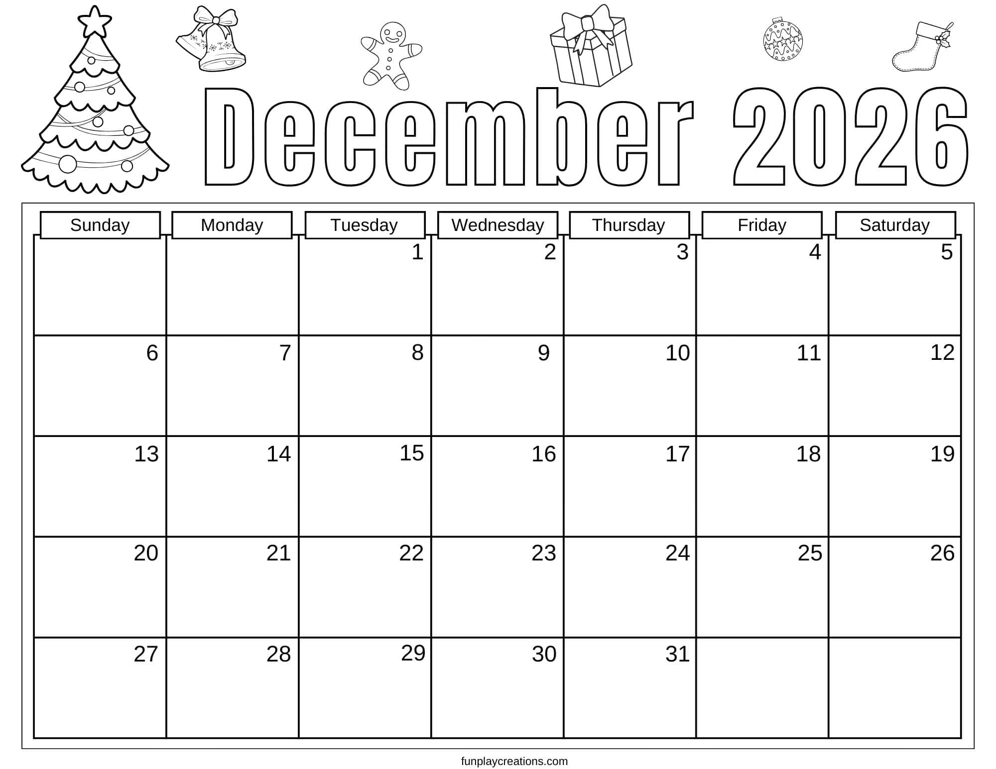 December 2026 calendar with school graphics