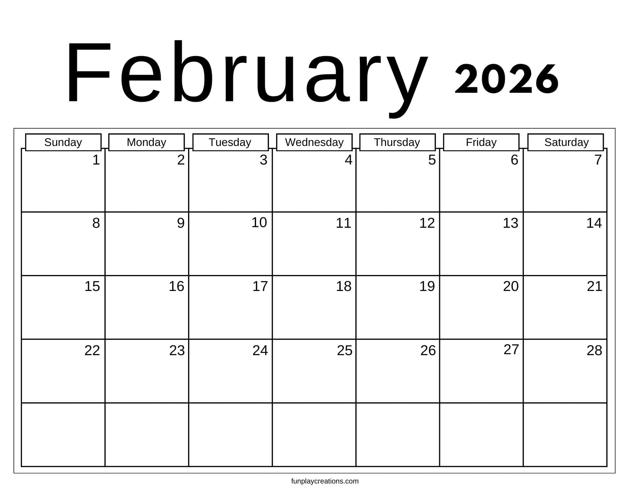 February 2026 calendar with no graphics