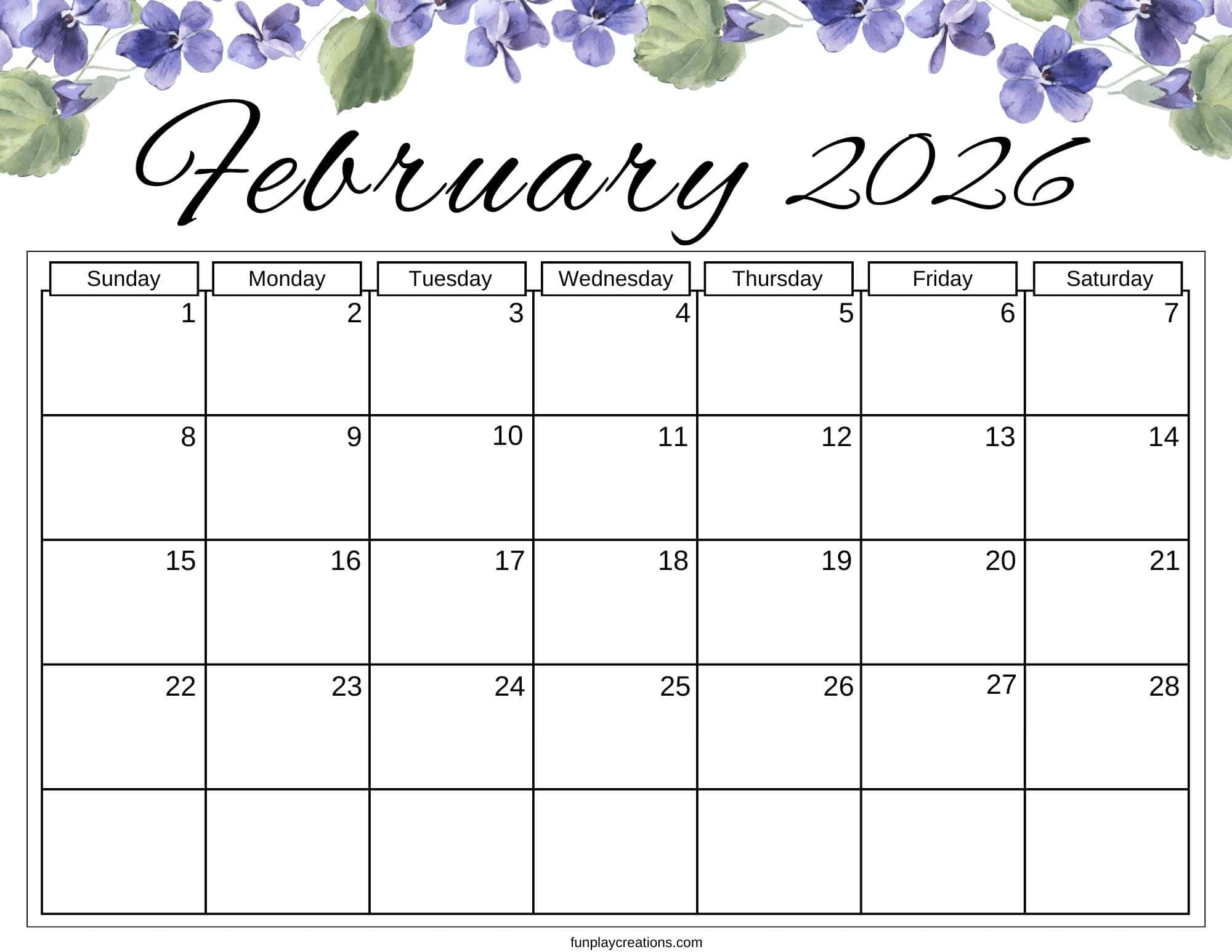 February 2026 calendar with purple flowers