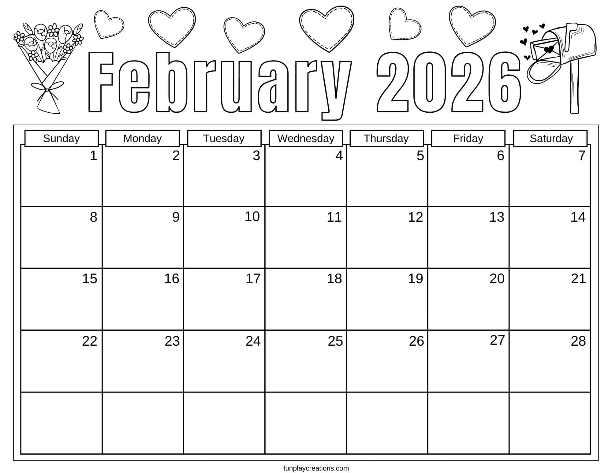 February 2026 calendar with Valentine graphics