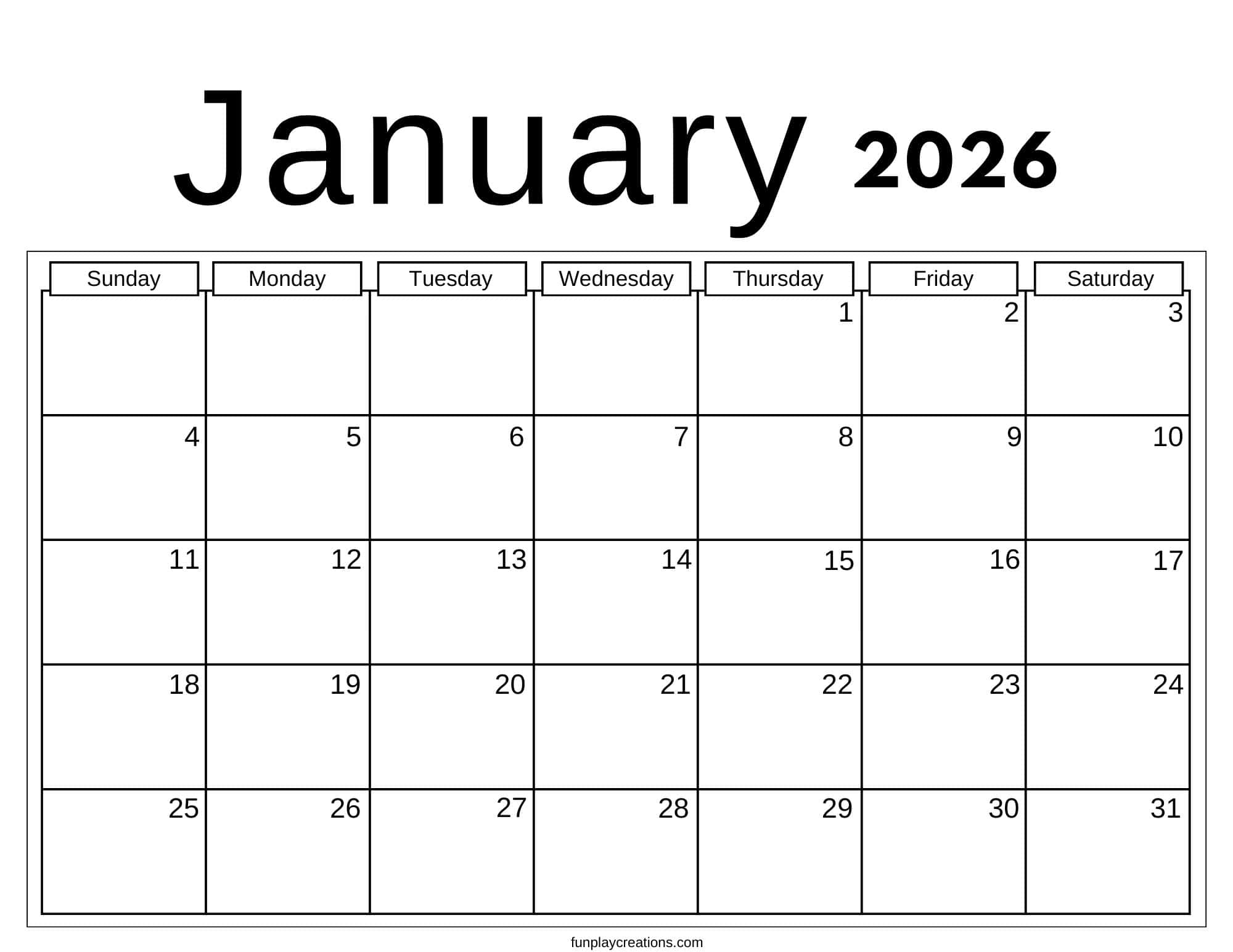 January 2026 calendar with no graphics
