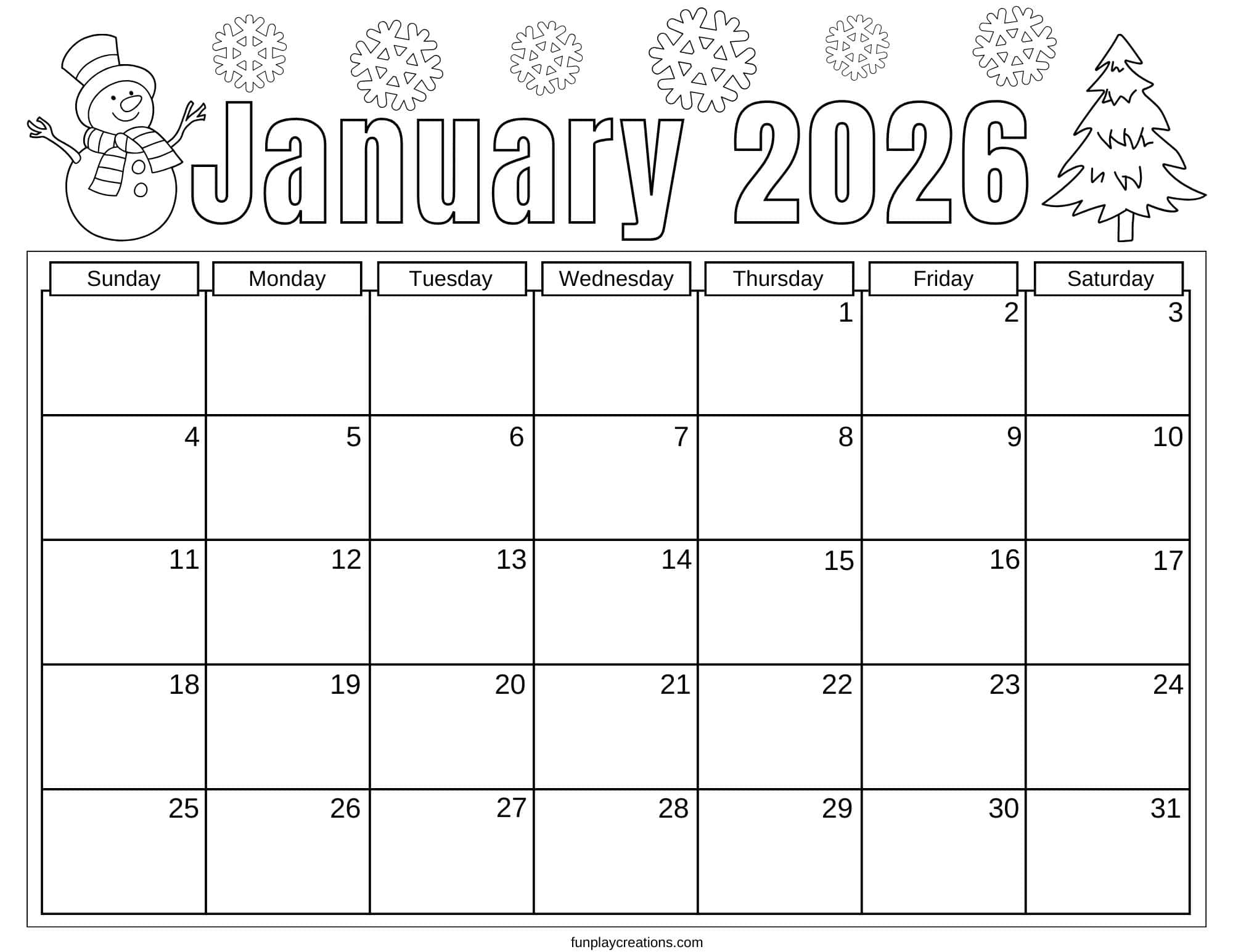 January 2026 calendar with winter graphics