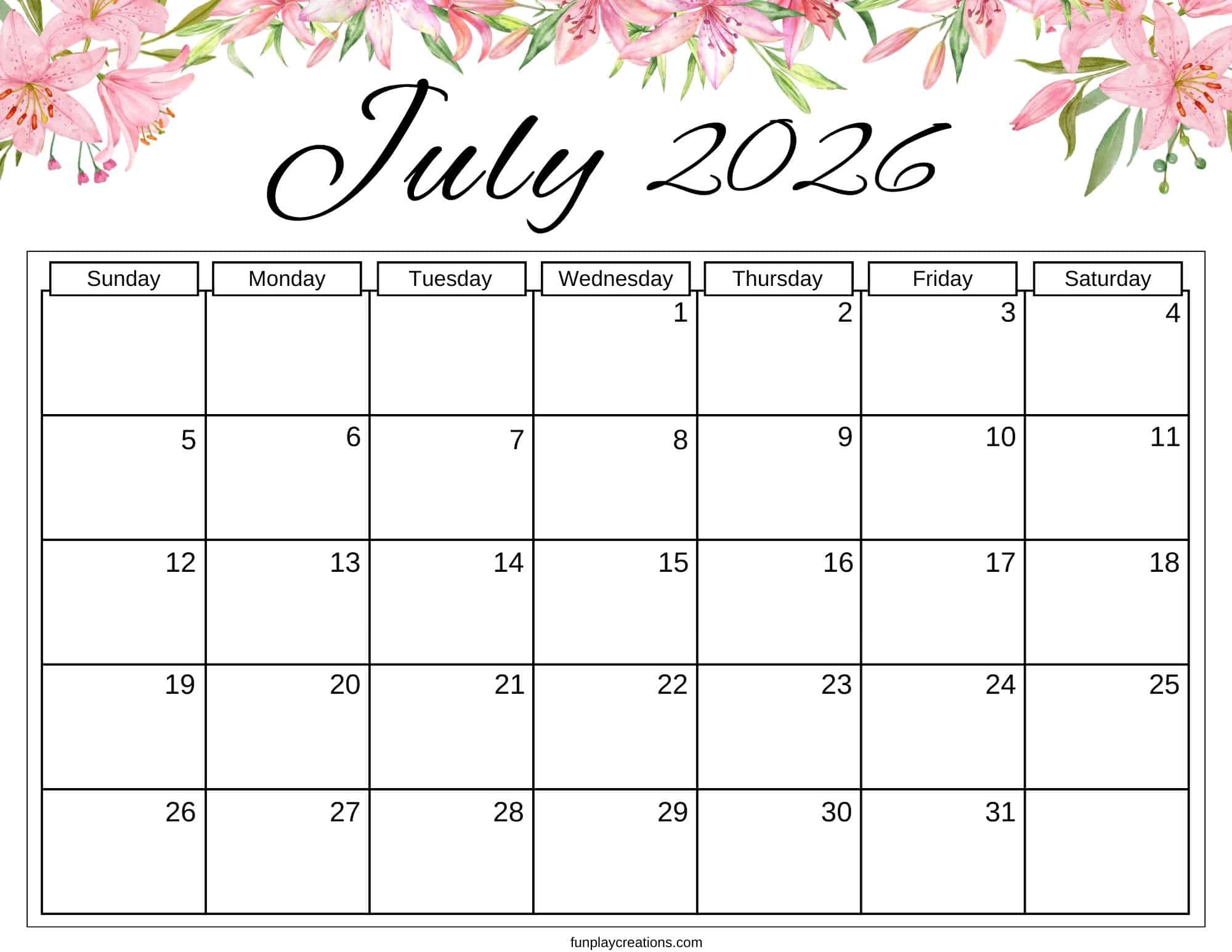 July 2026 calendar with floral graphics