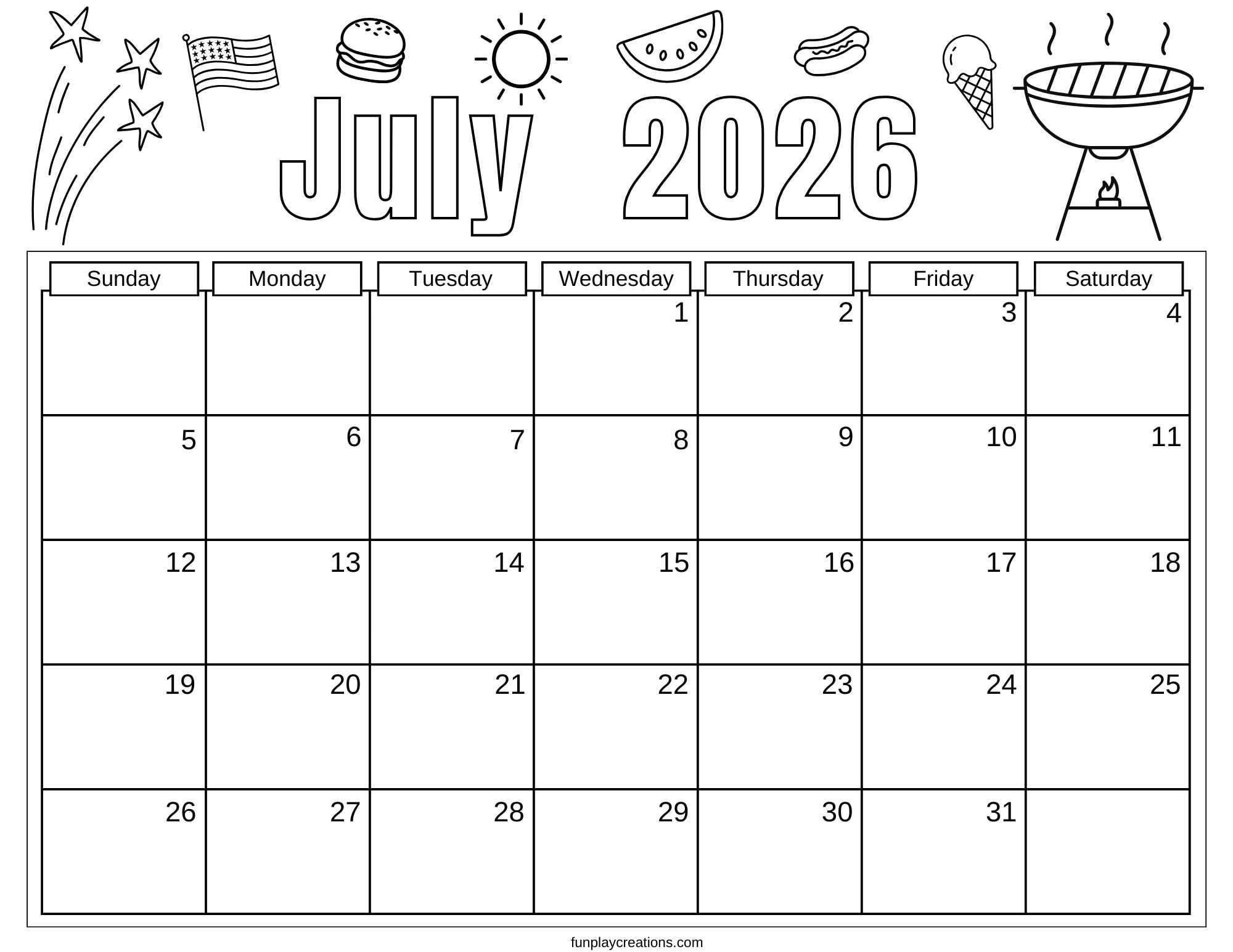 July 2026 calendar with BBQ graphics