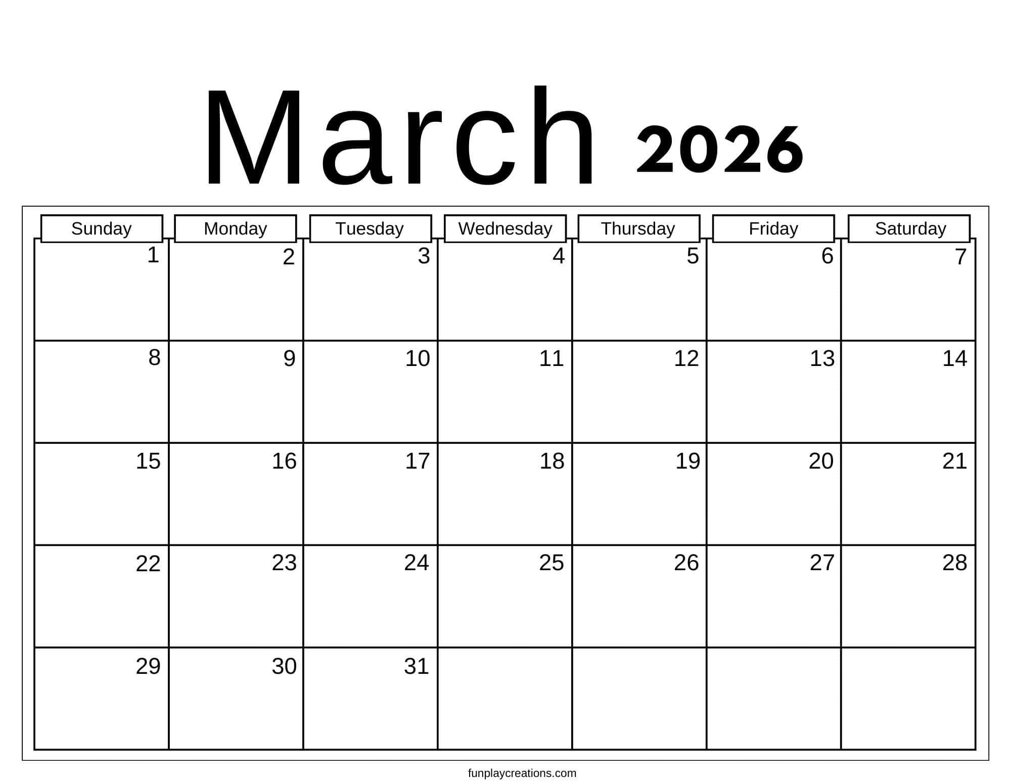 March 2026 calendar with no graphics