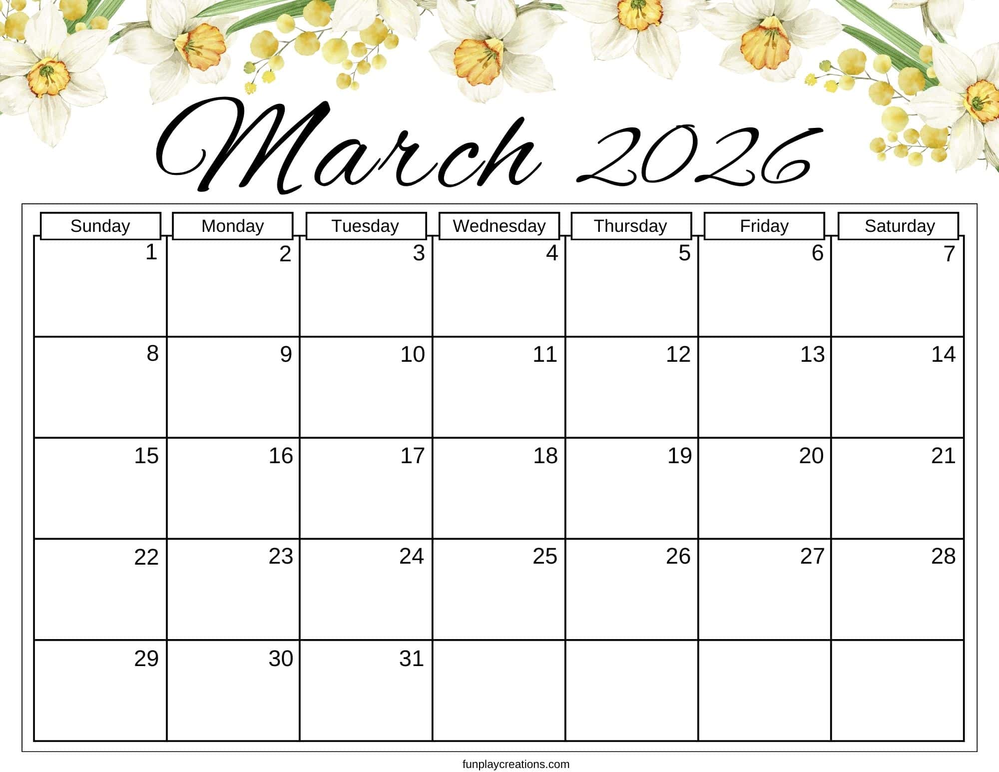 March 2026 calendar with floral graphics
