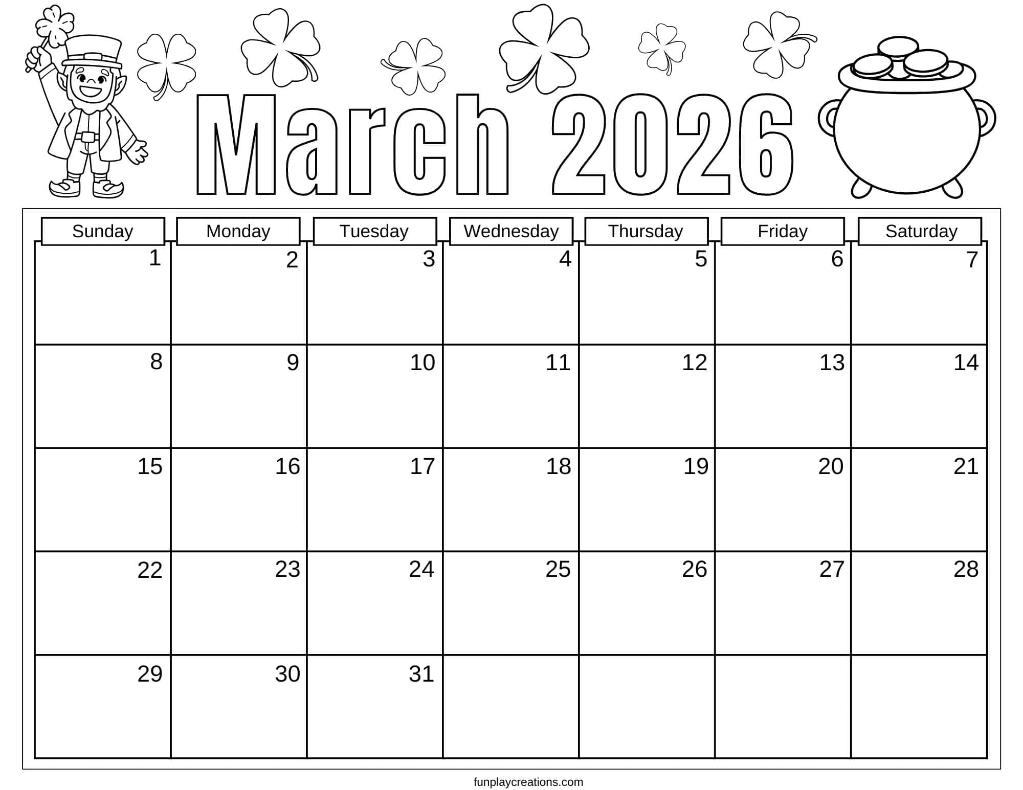 March 2026 calendar with St. Patrick's Day graphics