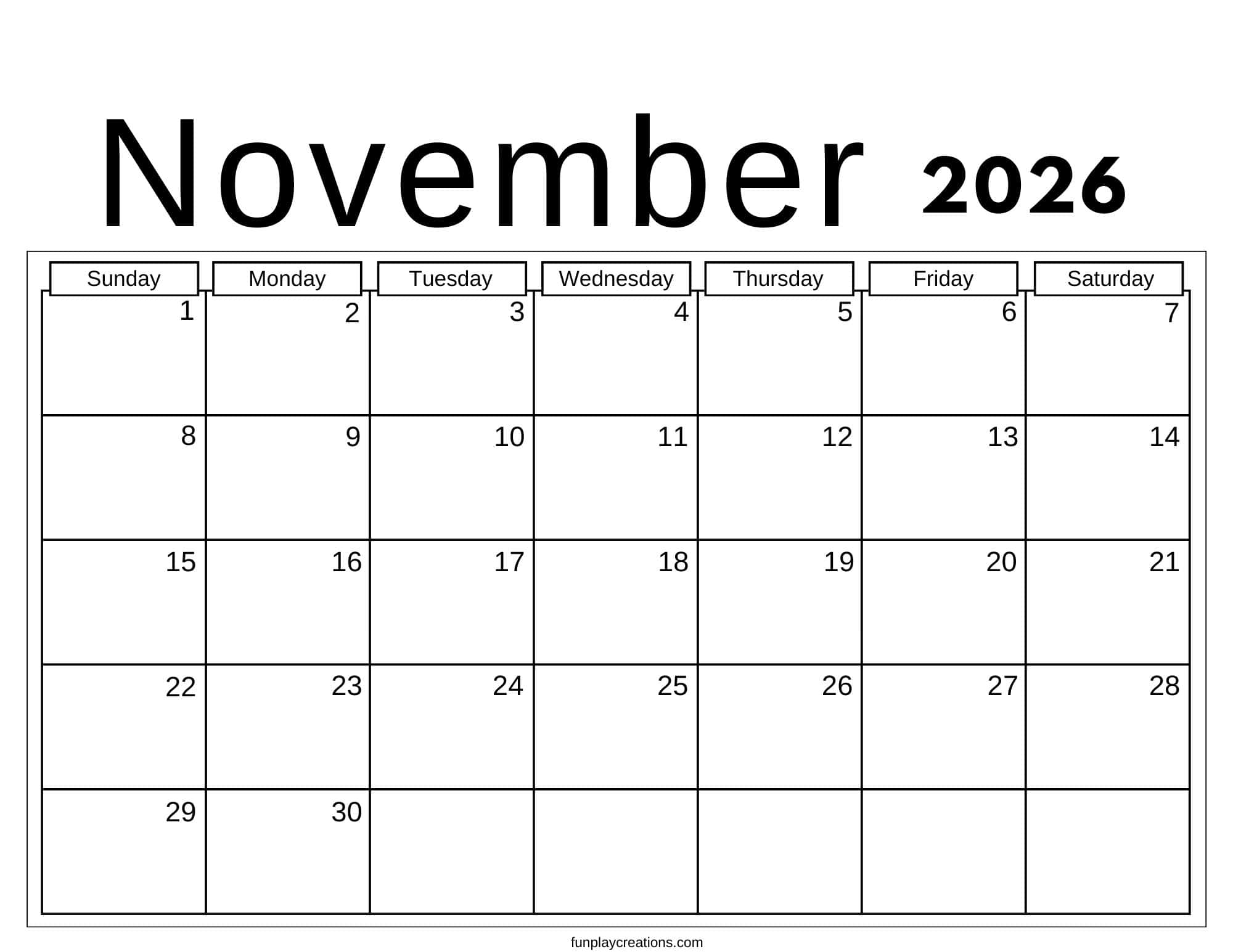 November 2026 calendar with no graphics