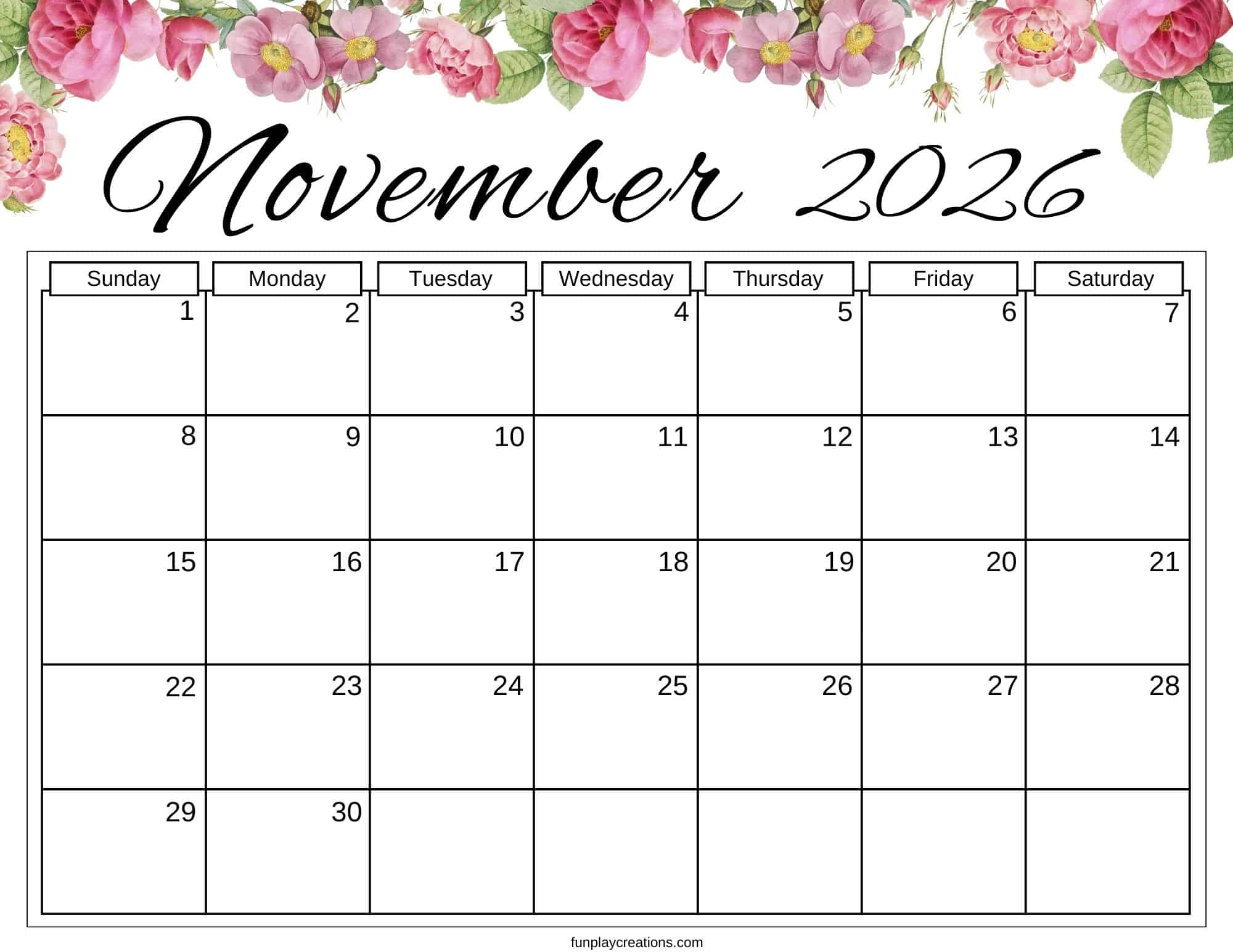 November 2026 calendar with floral graphics