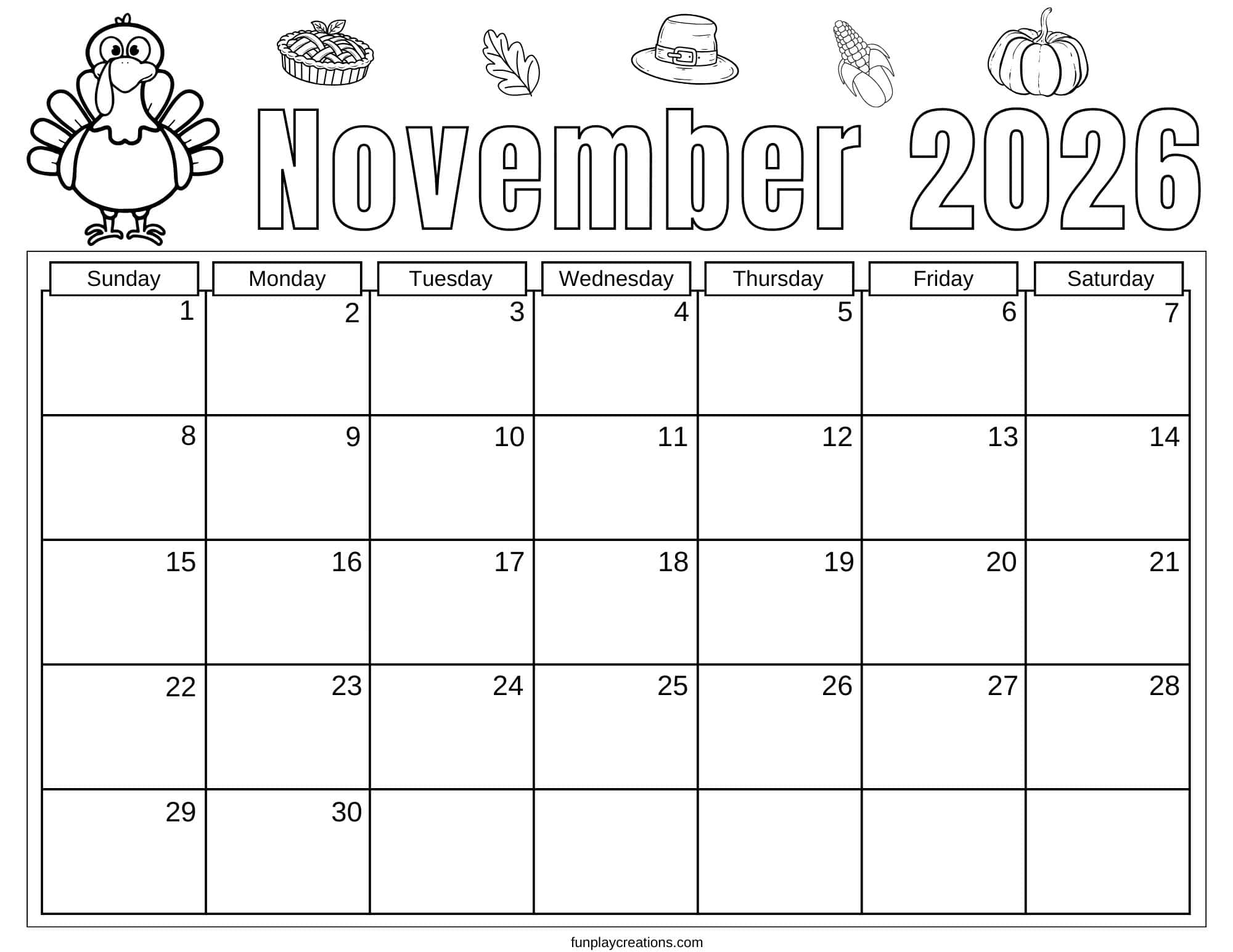 November 2026 calendar with Thanksgiving graphics