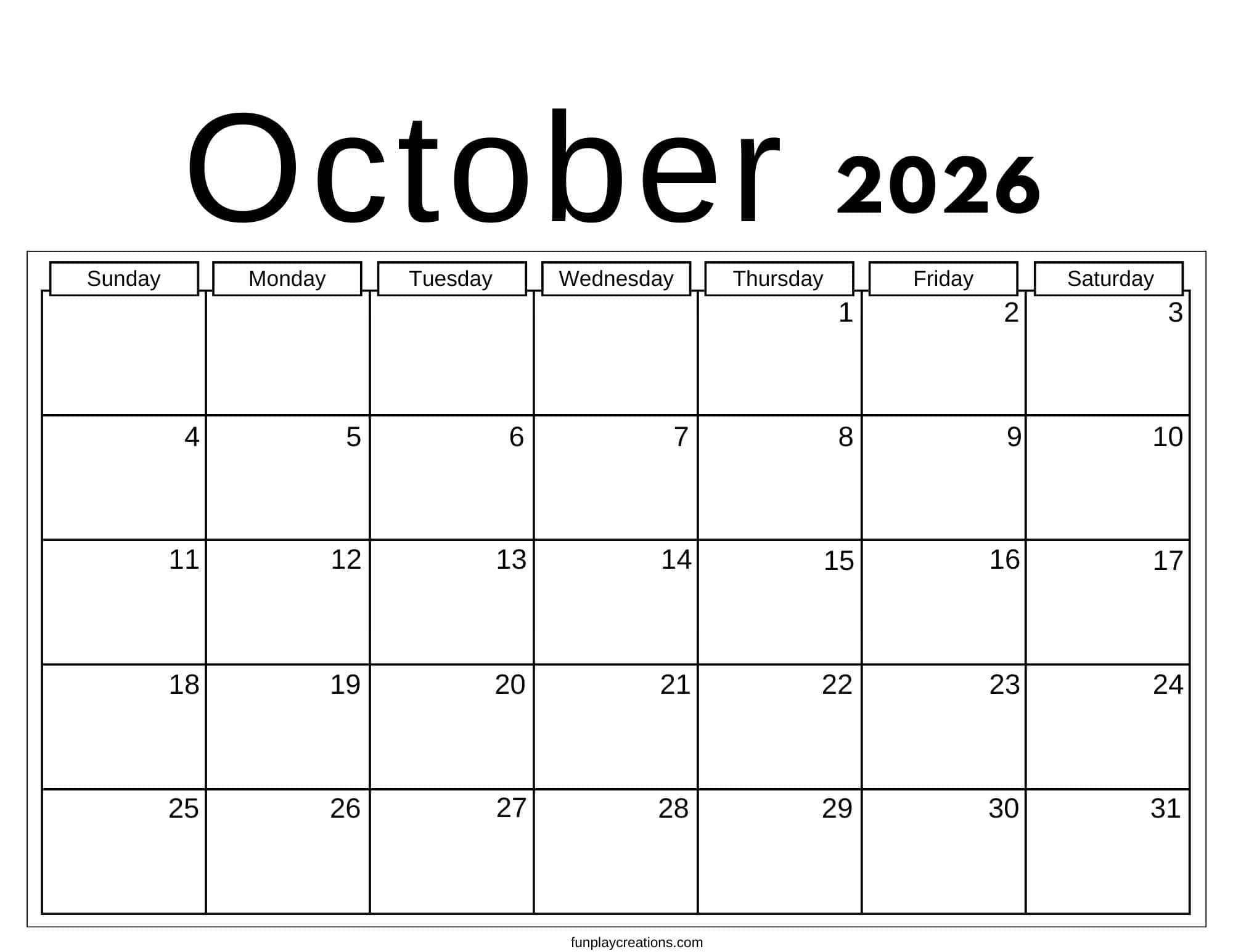 October 2026 calendar with no graphics
