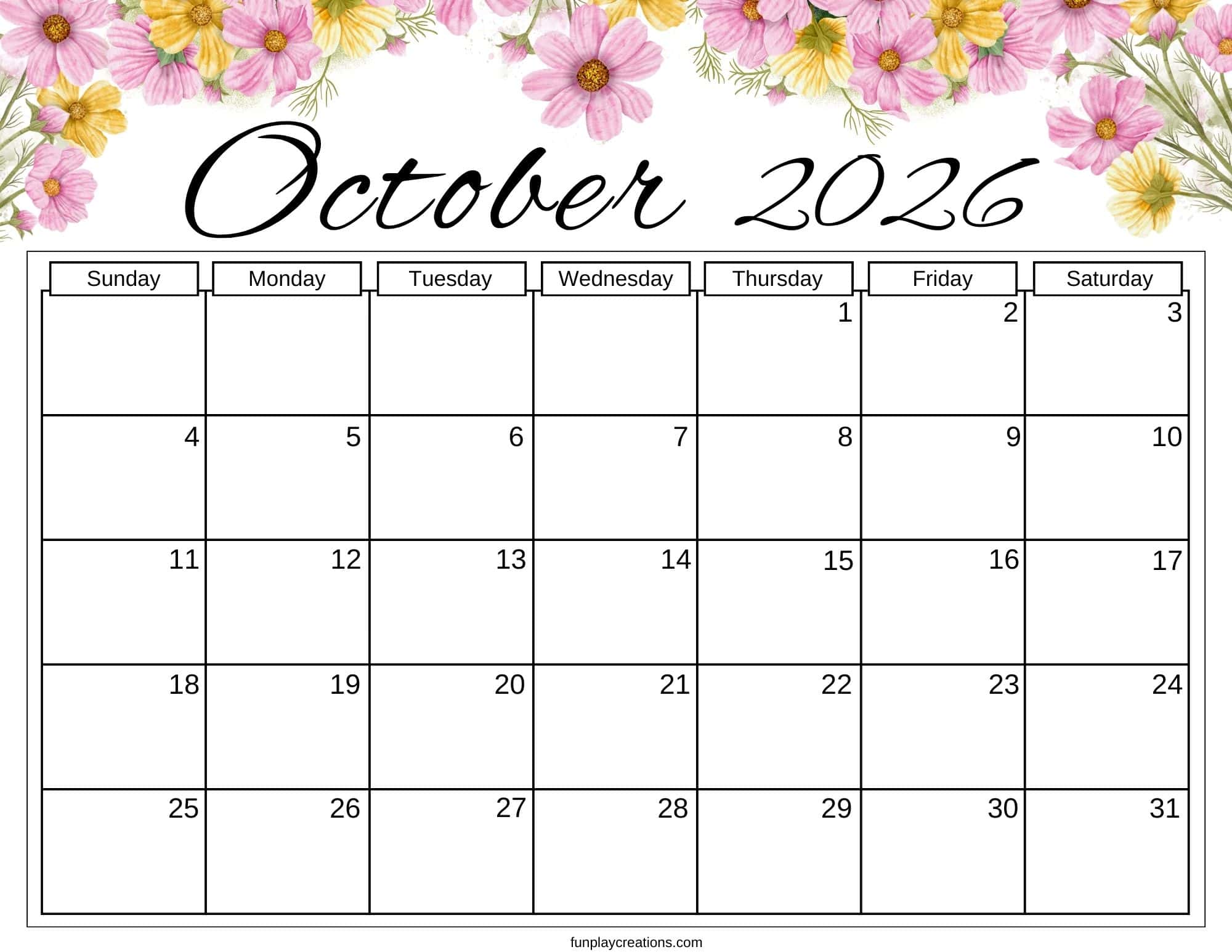 October 2026 calendar with floral graphics
