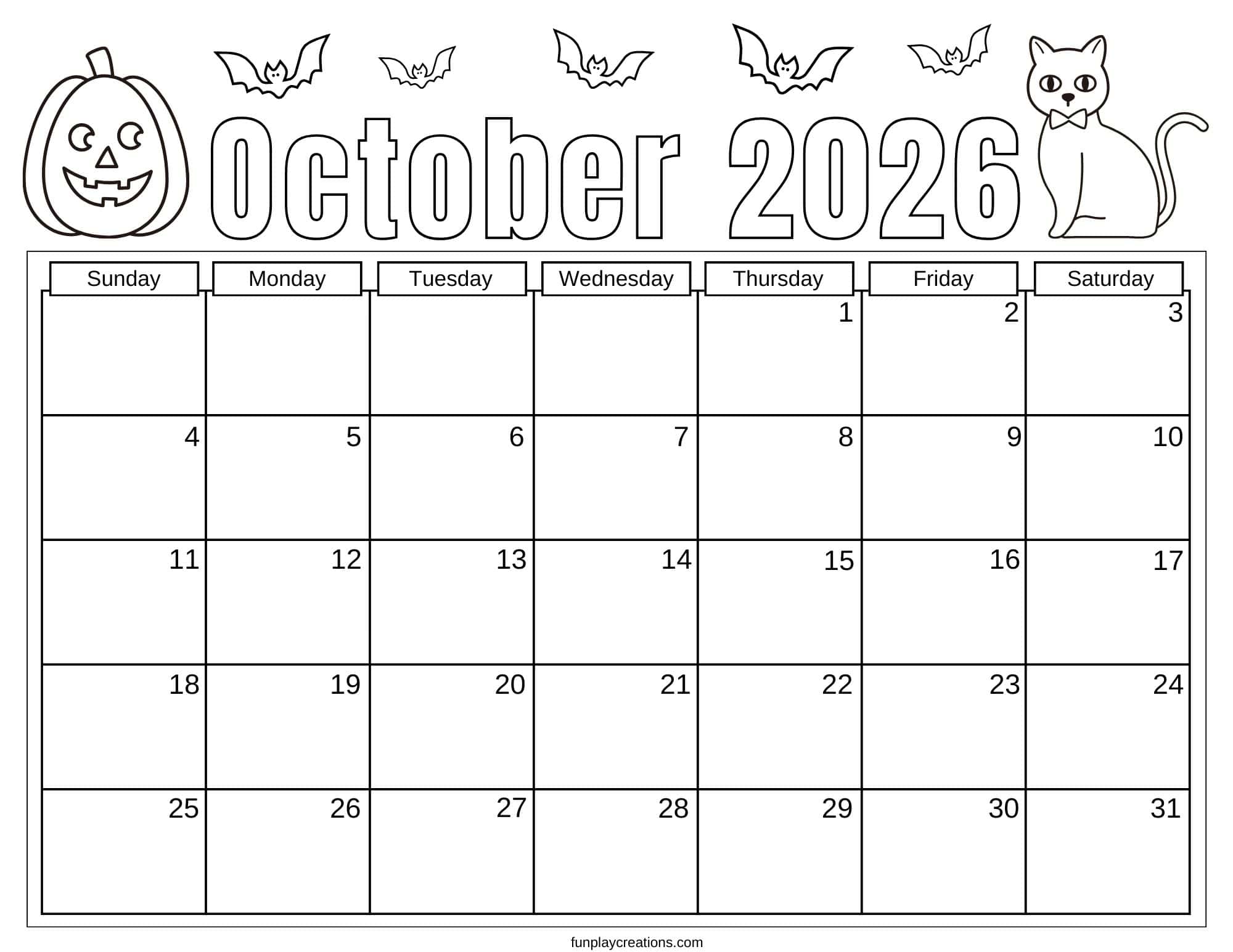 October 2026 calendar with Halloween graphics