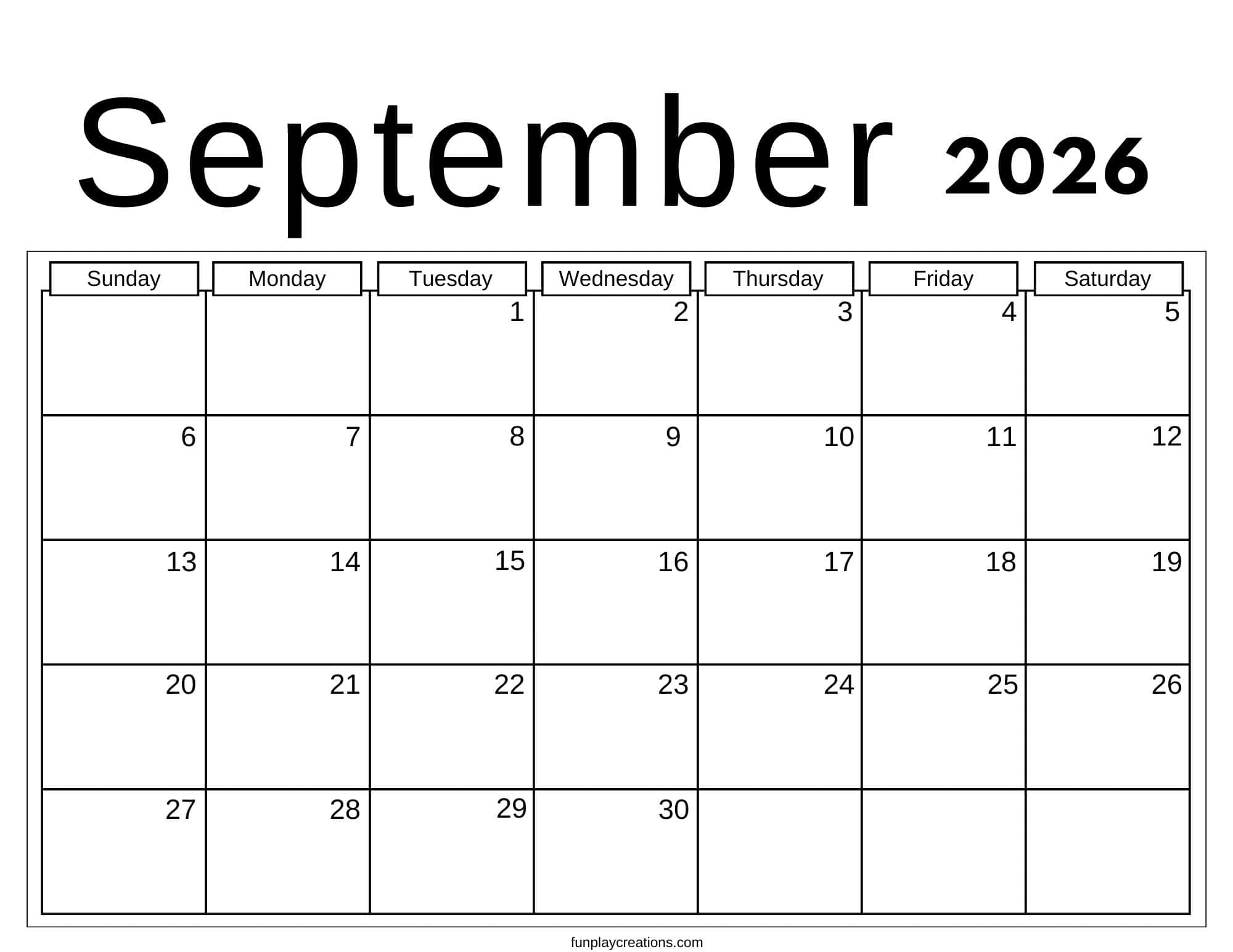September 2026 calendar with no graphics