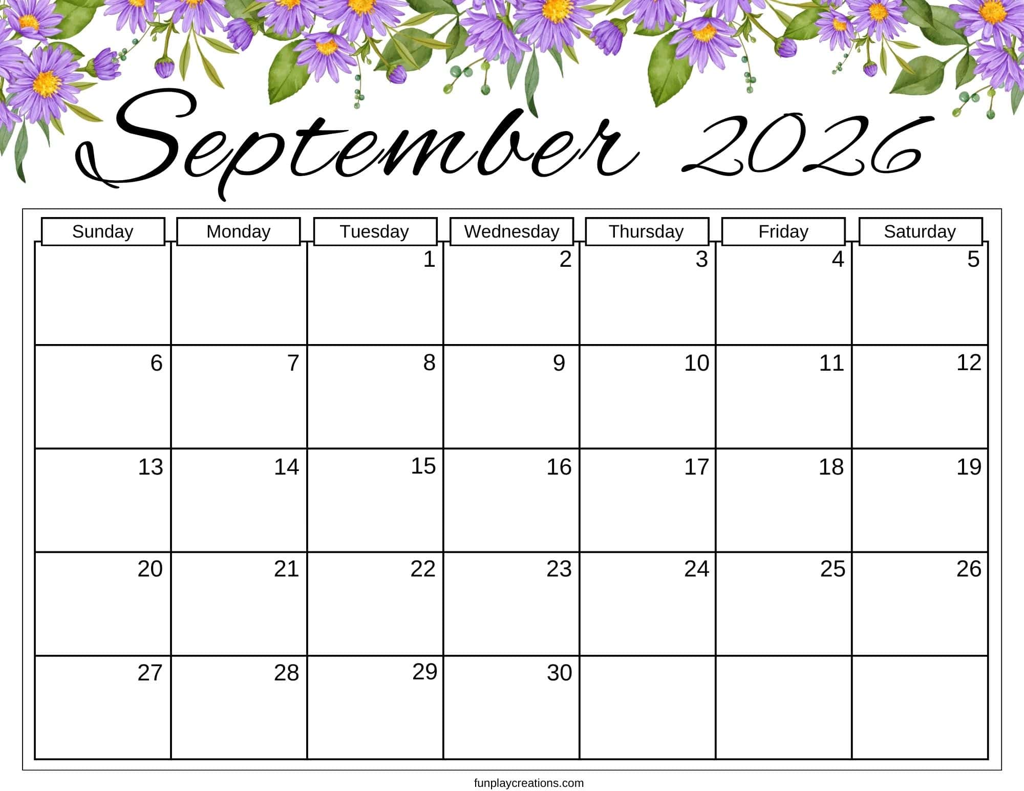 September 2026 calendar with purple flowers