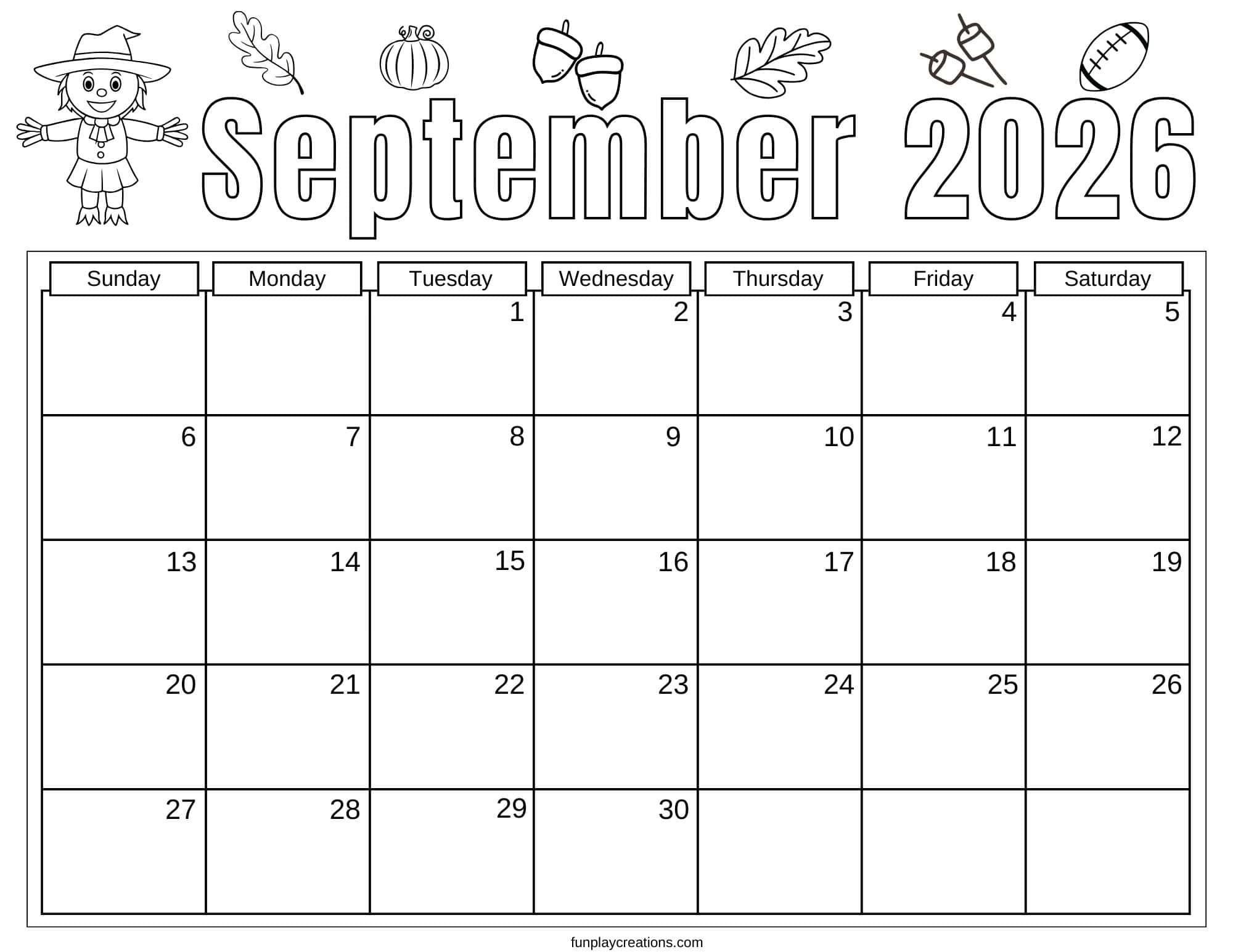 September 2026 calendar with fall graphics
