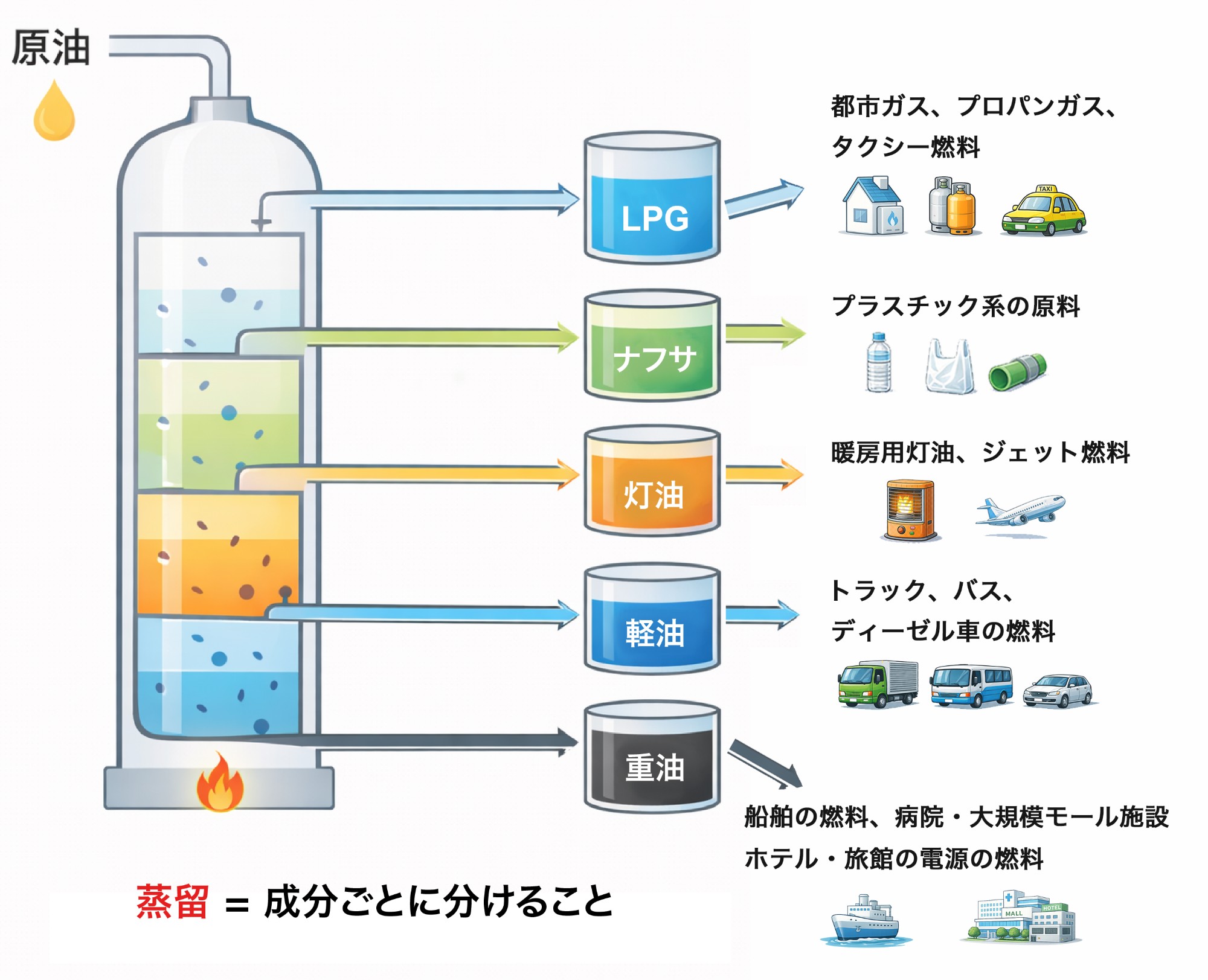 蒸留で得られる各成分の用途一覧
