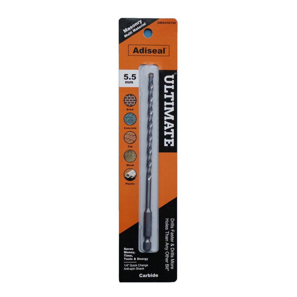 Adiseal Ultimate 5.5mm masonry and multi-material drill bit with 1/4 inch quick-change hex shank for rotary drilling.