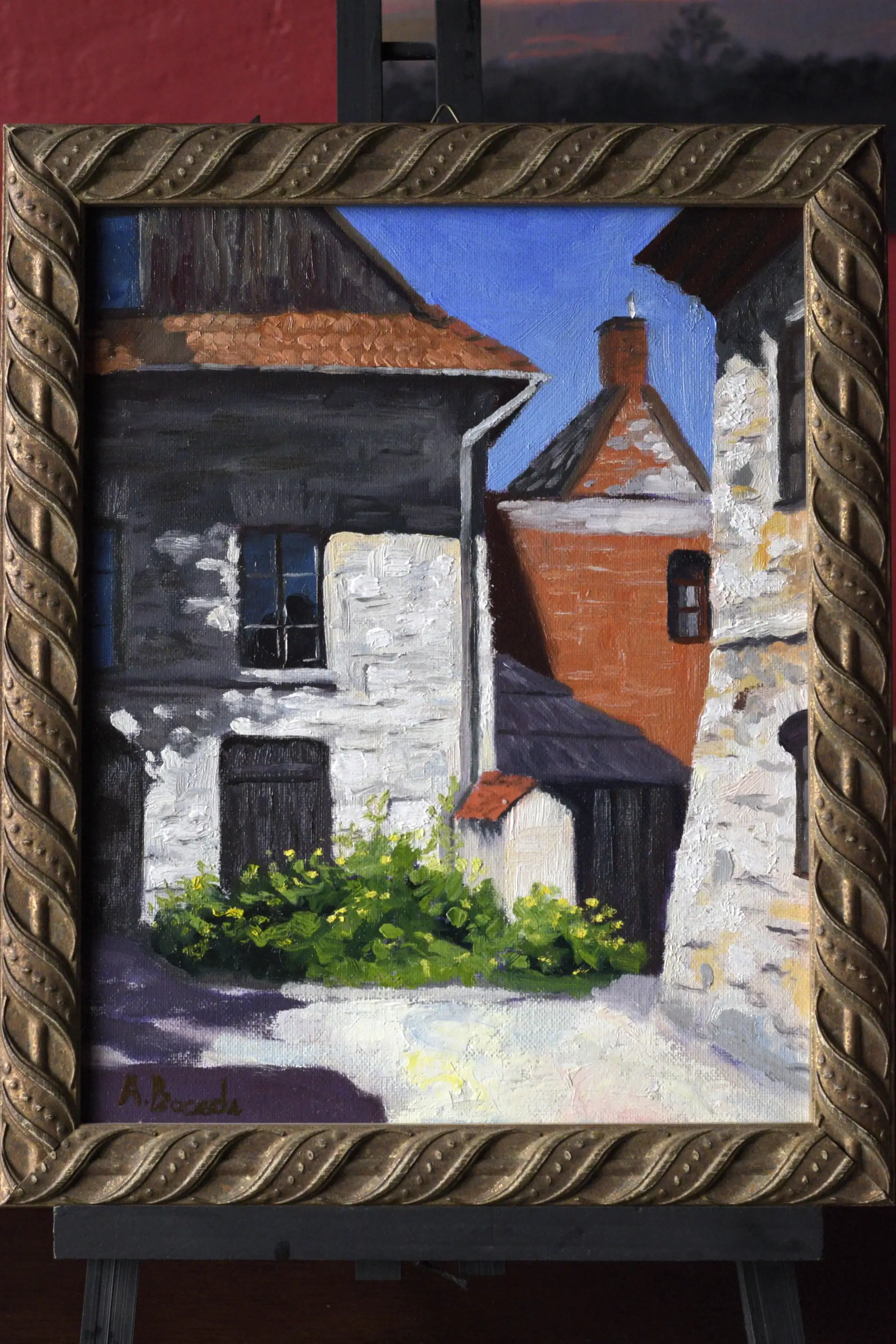 Old Synagogue Kazimierz Dolny framed original oil painting by Andrea Bocedi, 24 × 30 cm